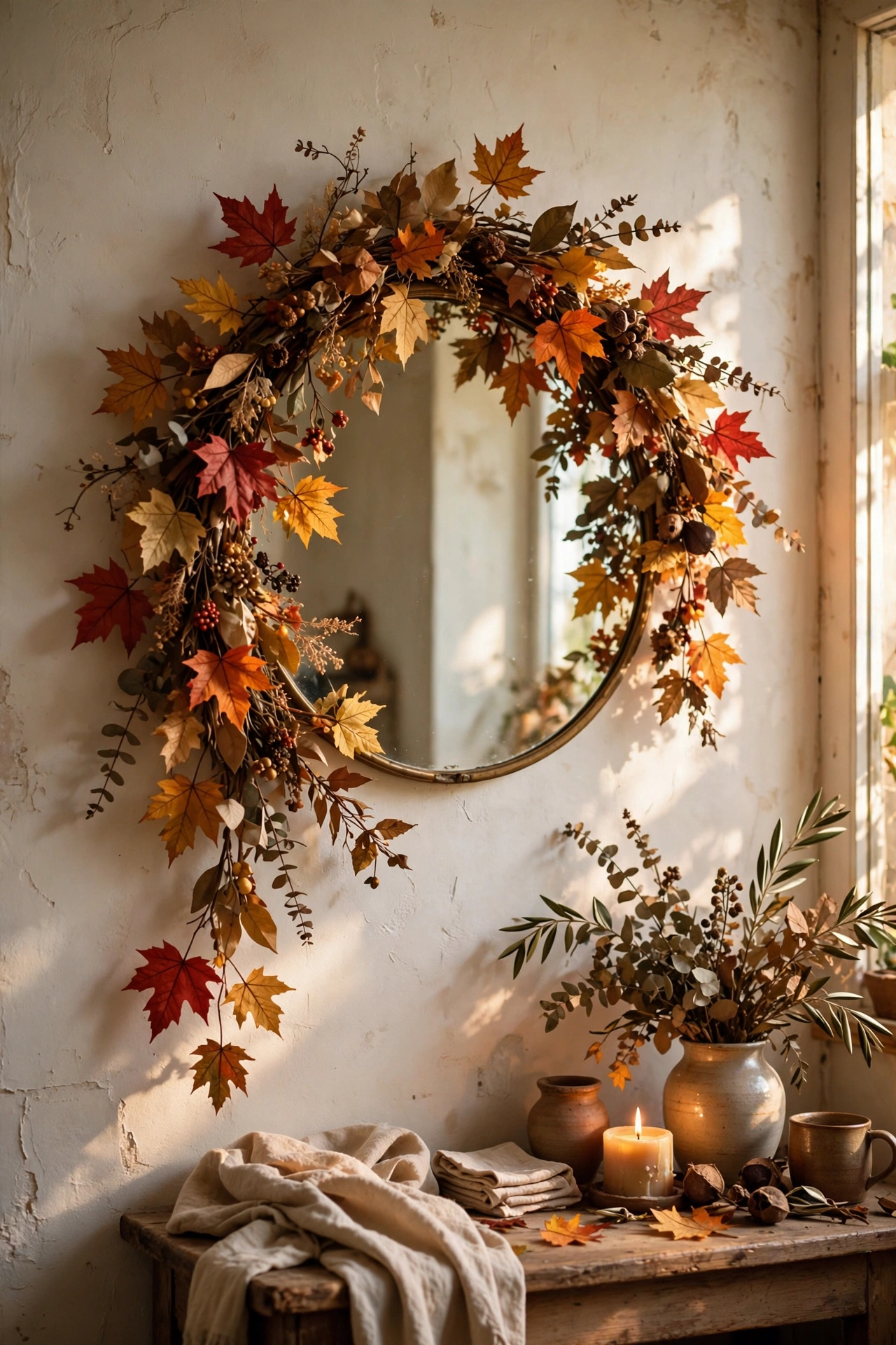 Faux autumn leaf garland draped around a round wall mirror