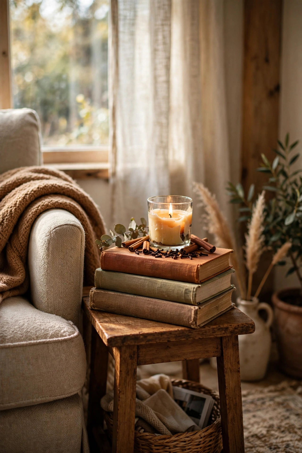 Cinnamon and clove candle on a small side table in a reading corner