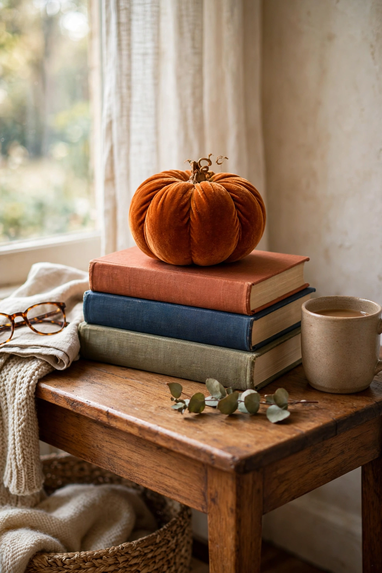 Stack of hardback books topped with a burnt-orange velvet pumpkin on a side table