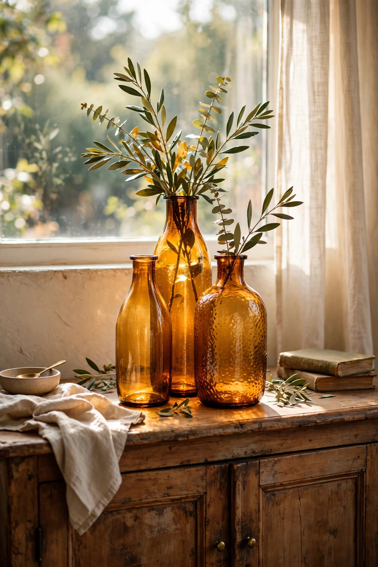 Three amber glass vases in different heights grouped on a wooden sideboard