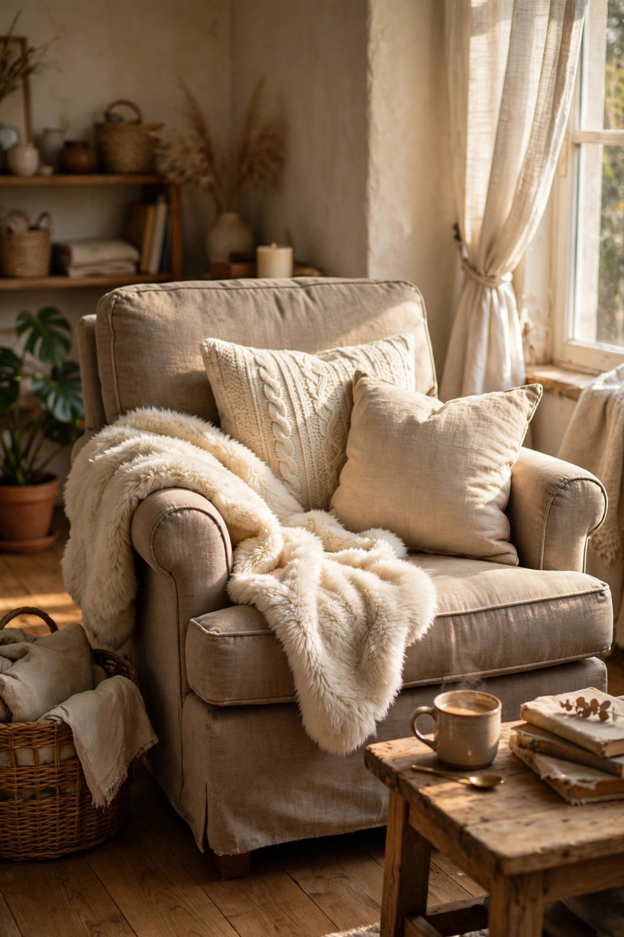 Cream faux fur throw draped over a reading armchair in an autumn living room