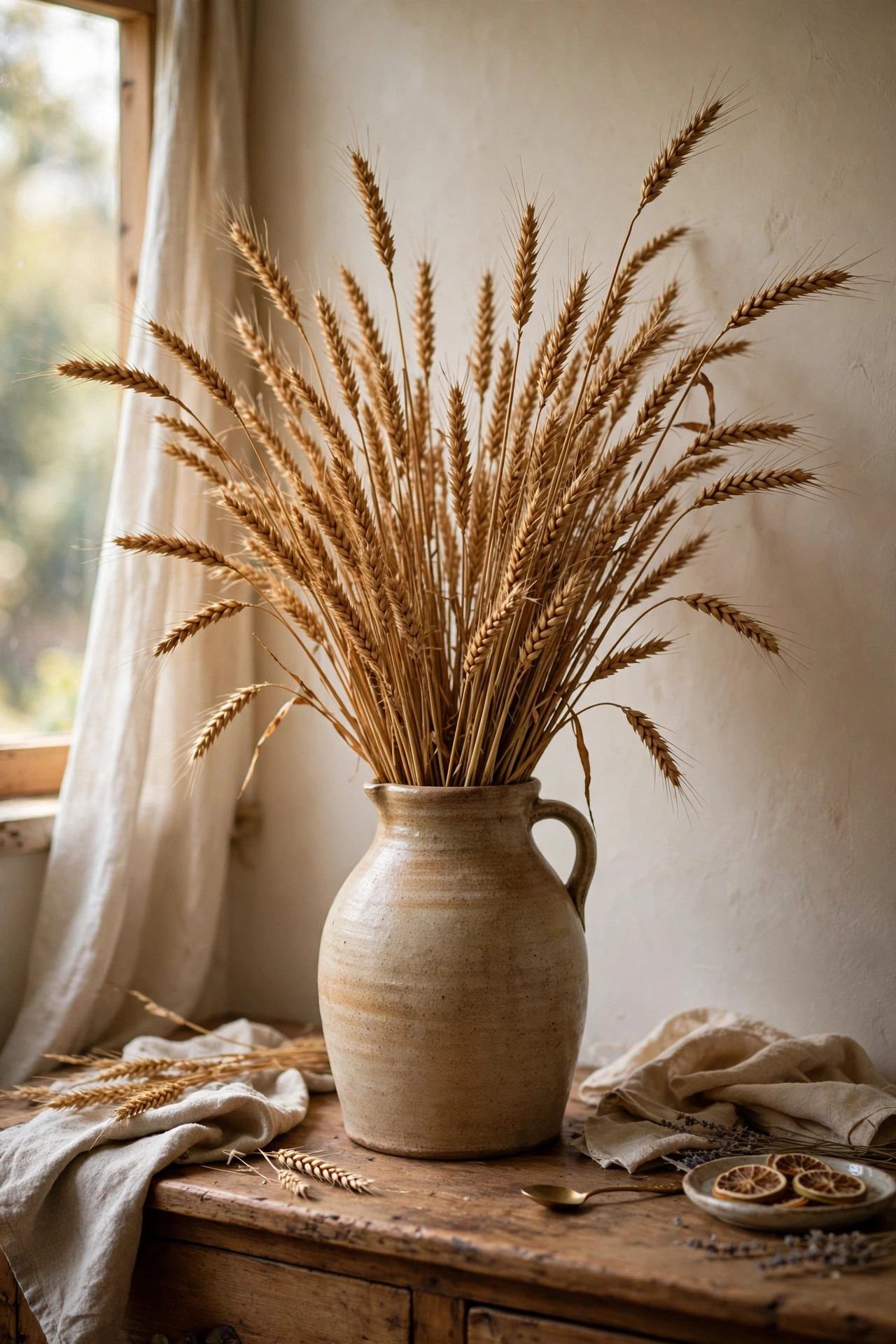 Dried golden wheat stalks arranged in a ceramic jug on a sideboard