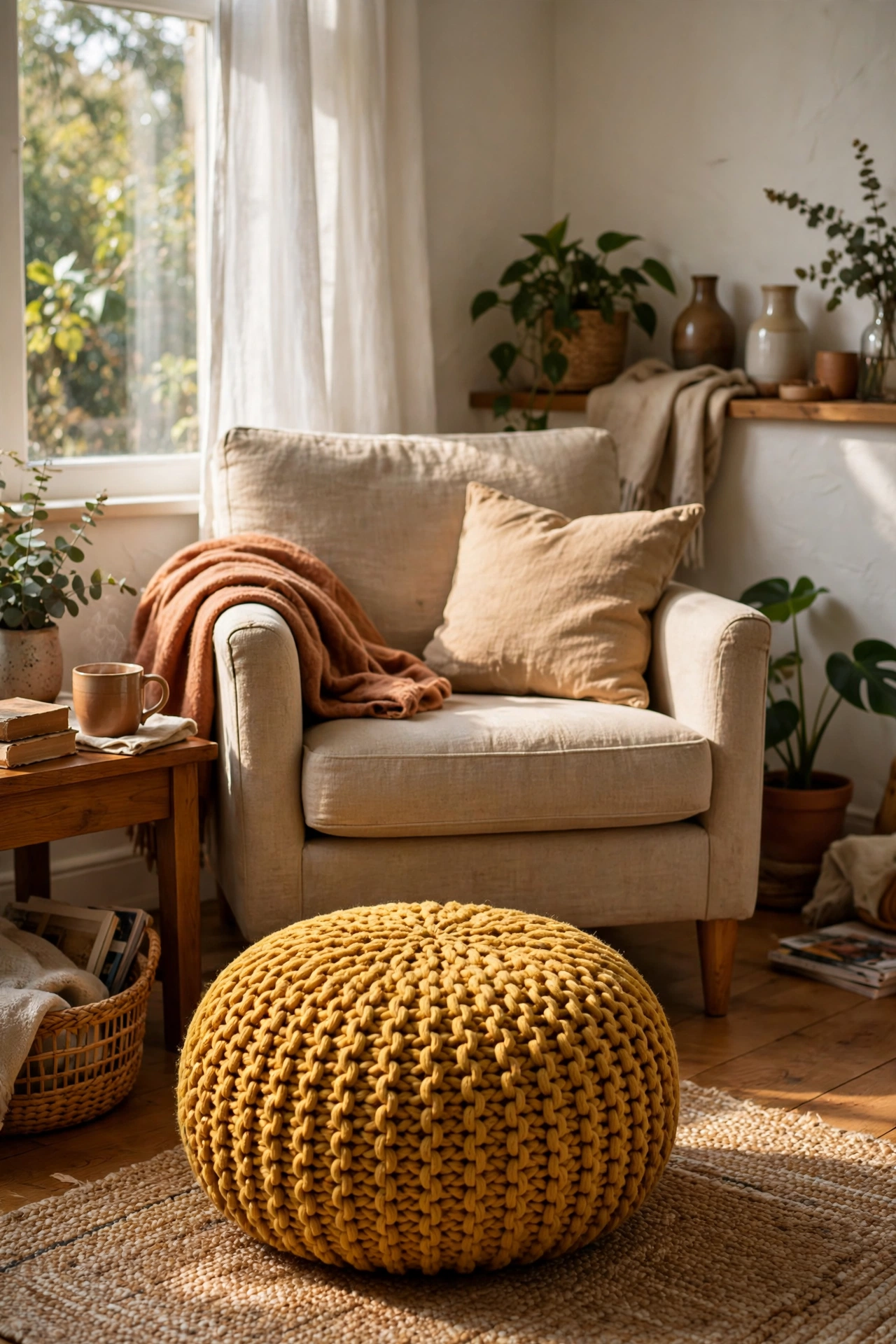 Round mustard knitted pouf in front of an armchair in a cosy living room