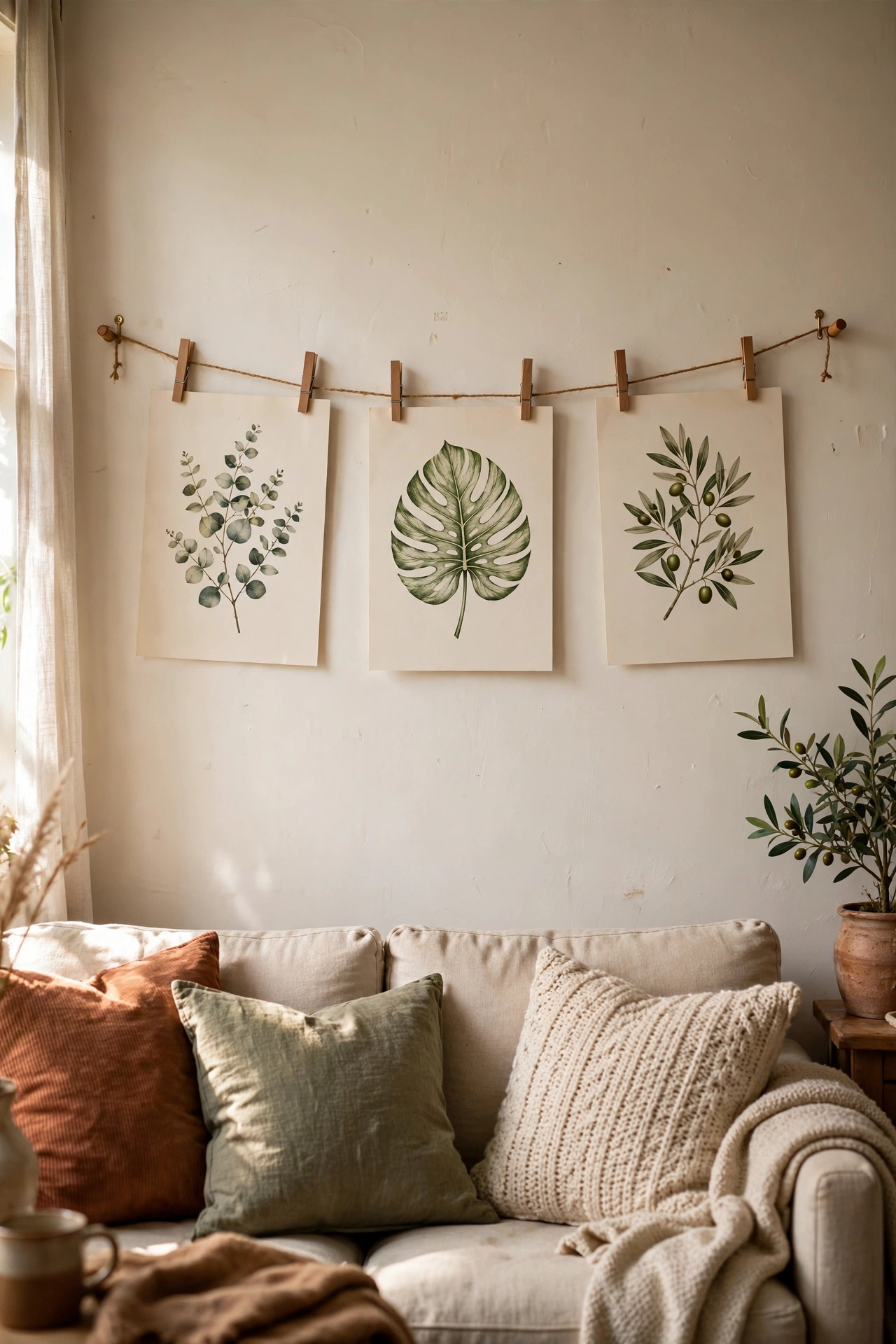 Three botanical leaf prints on twine with wooden pegs hung above a sofa