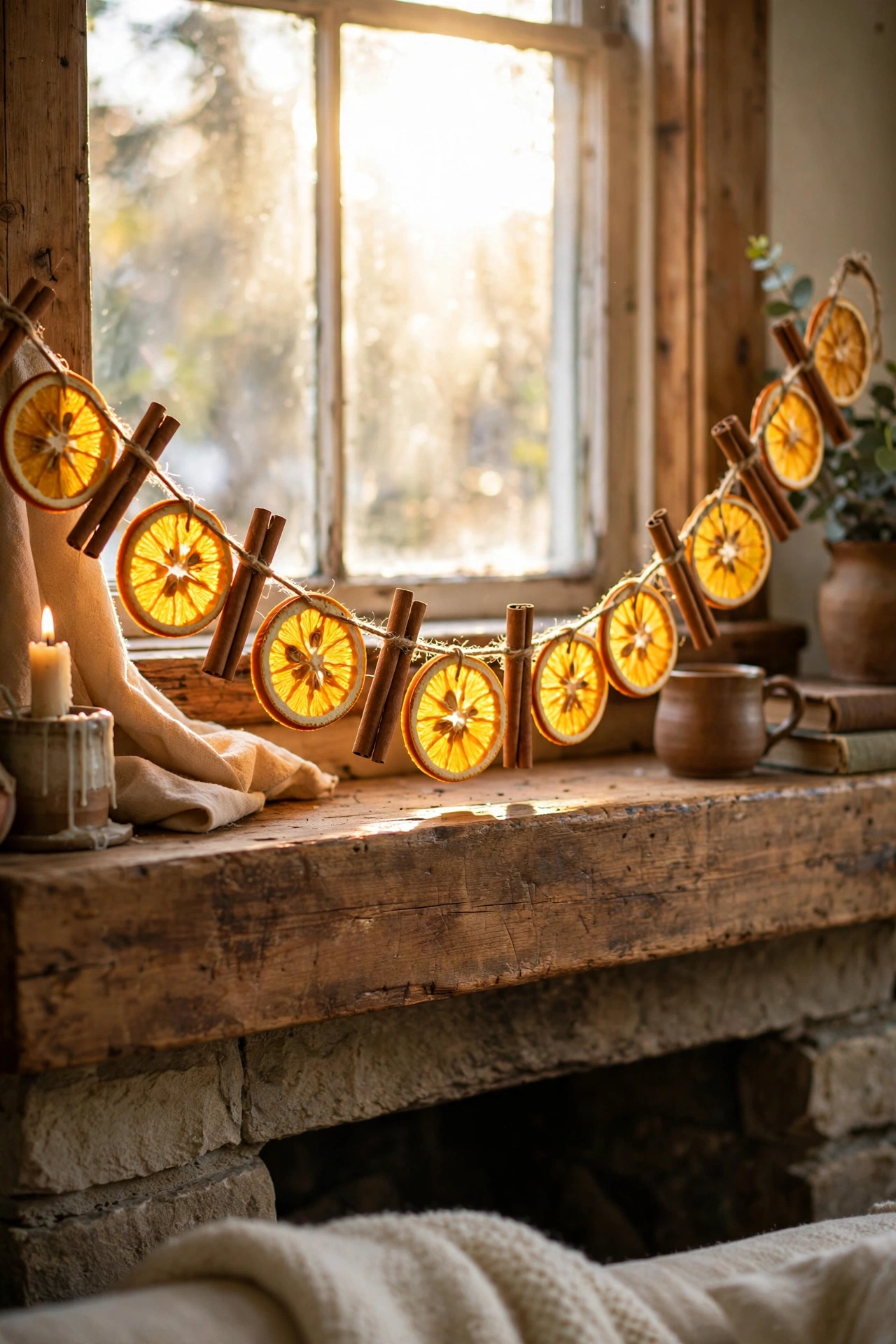 Garland of dried orange slices and cinnamon sticks on a mantel