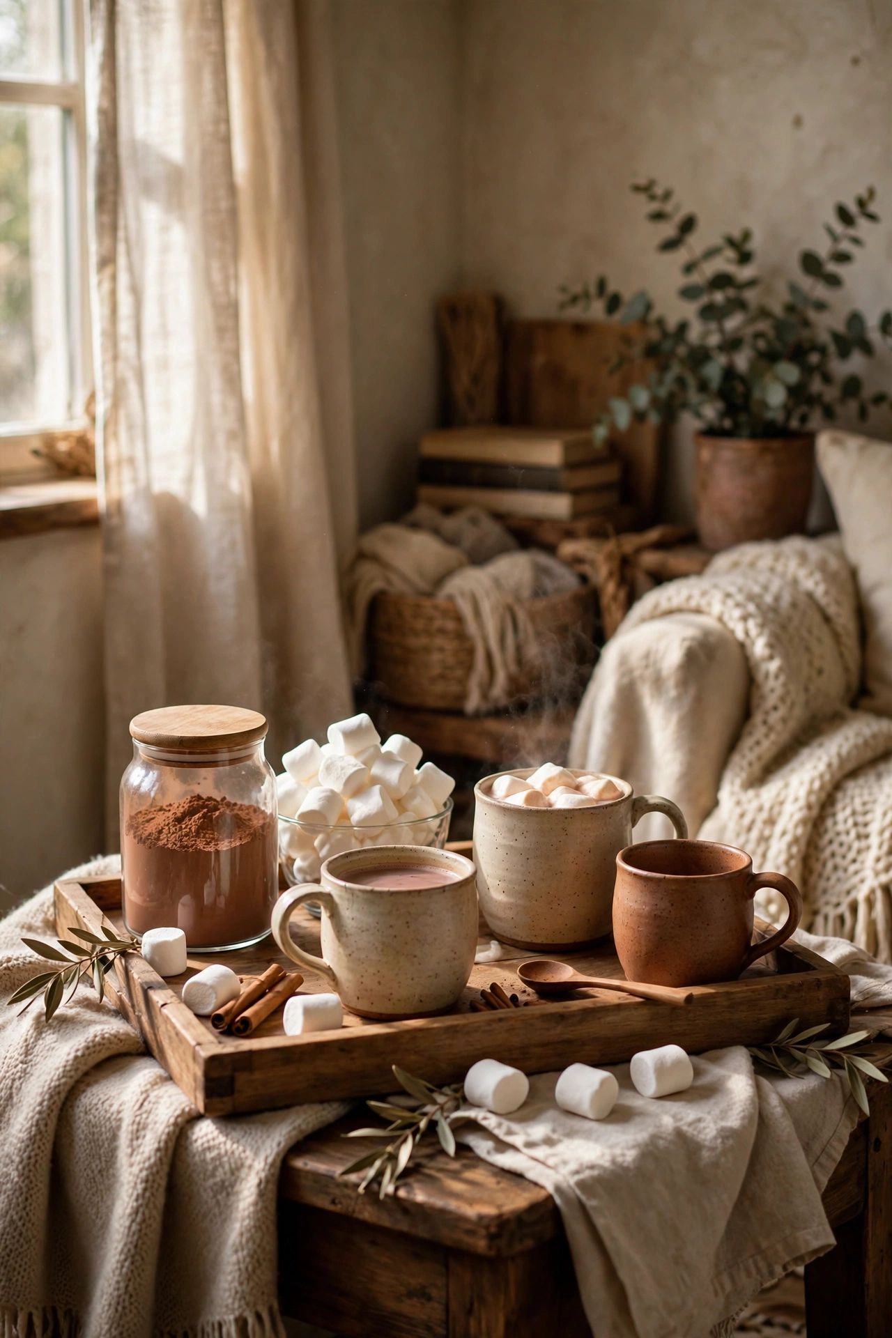 Hot cocoa station tray with mugs, cocoa jar and marshmallows in a living room corner
