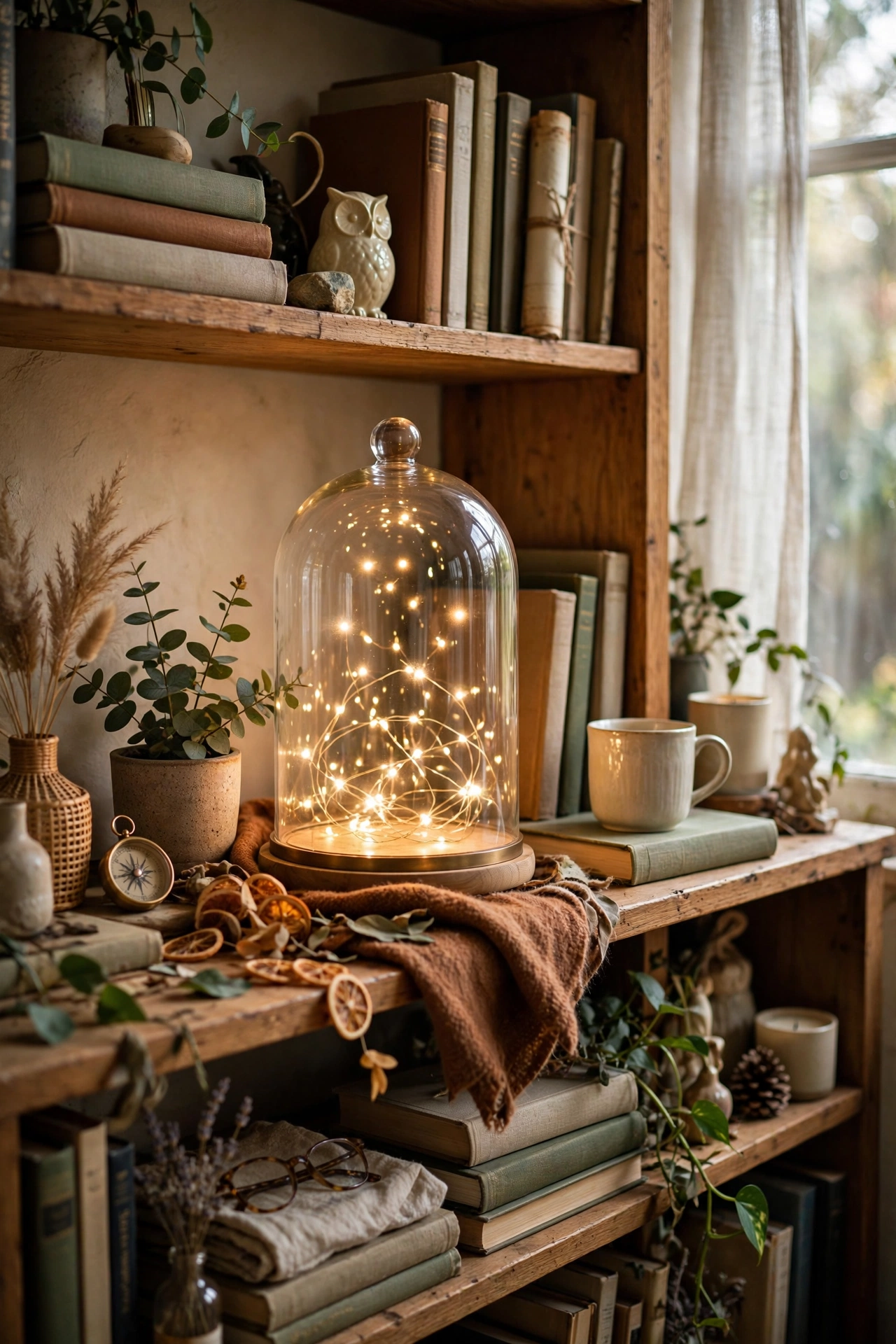 Warm fairy lights glowing inside a glass cloche on a bookshelf