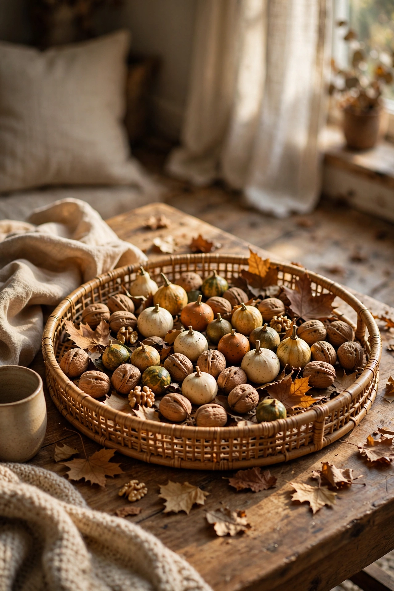 Round rattan tray filled with mini gourds, walnuts and dried leaves as a centrepiece