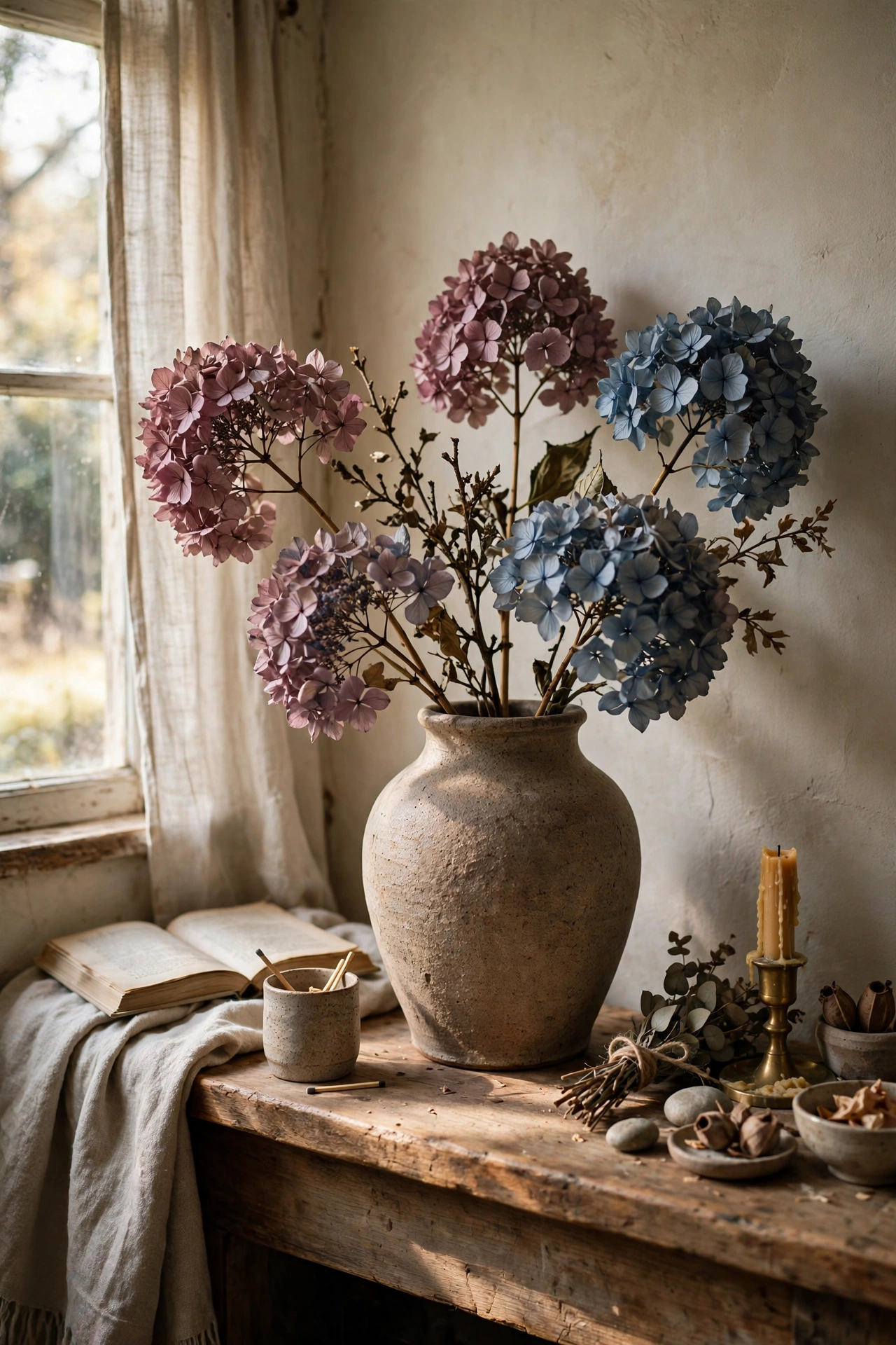 Dried hydrangea stems in muted mauve arranged in a stoneware vase