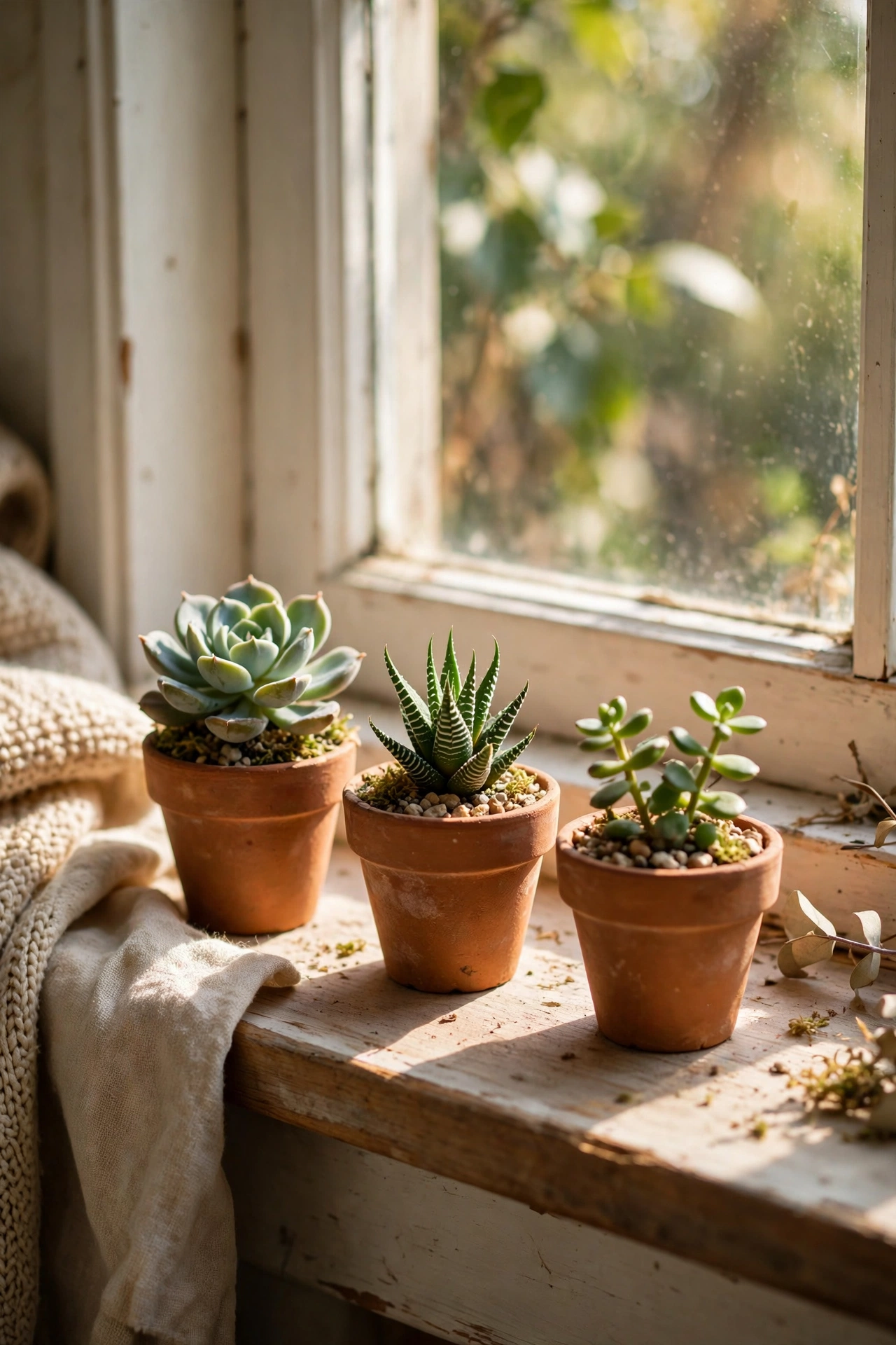 Three mini faux succulents in terracotta pots lined up on a sunny windowsill