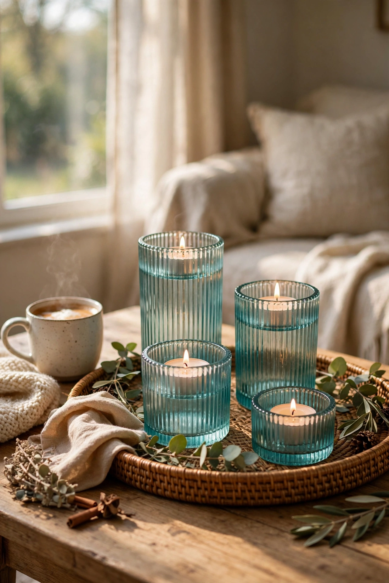 Four ribbed glass tealight holders with lit candles grouped on a coffee table tray