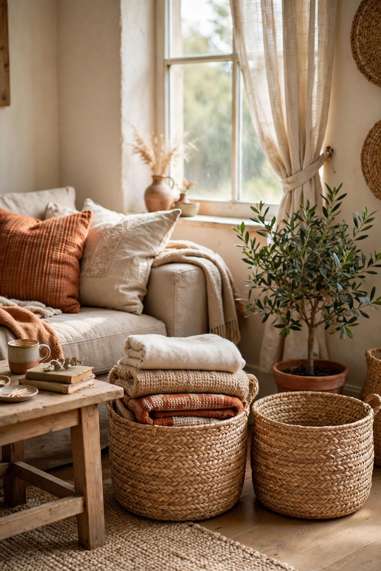 Pair of woven seagrass-look storage baskets on a living room floor