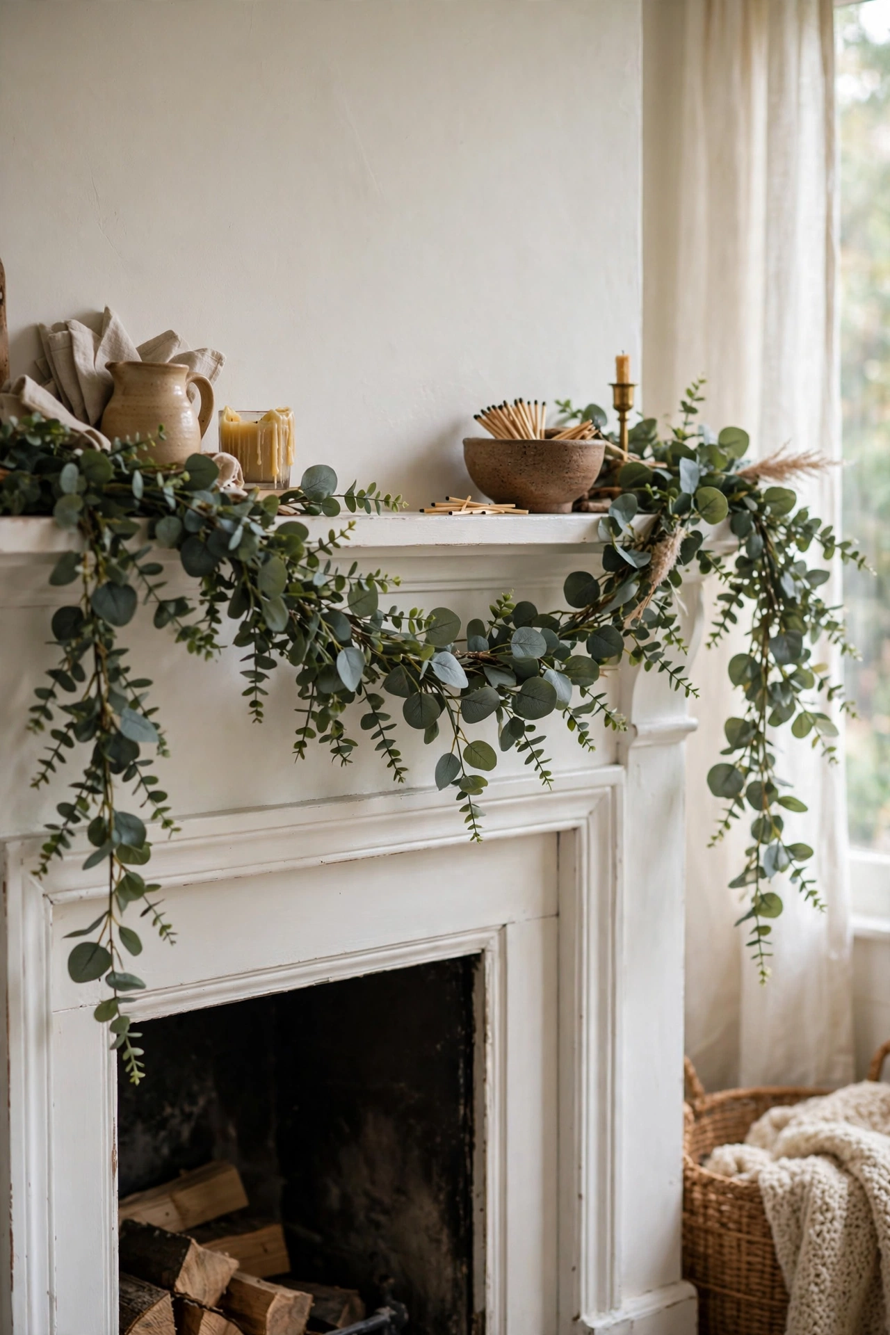 Faux eucalyptus garland draped in a swag across a white mantel