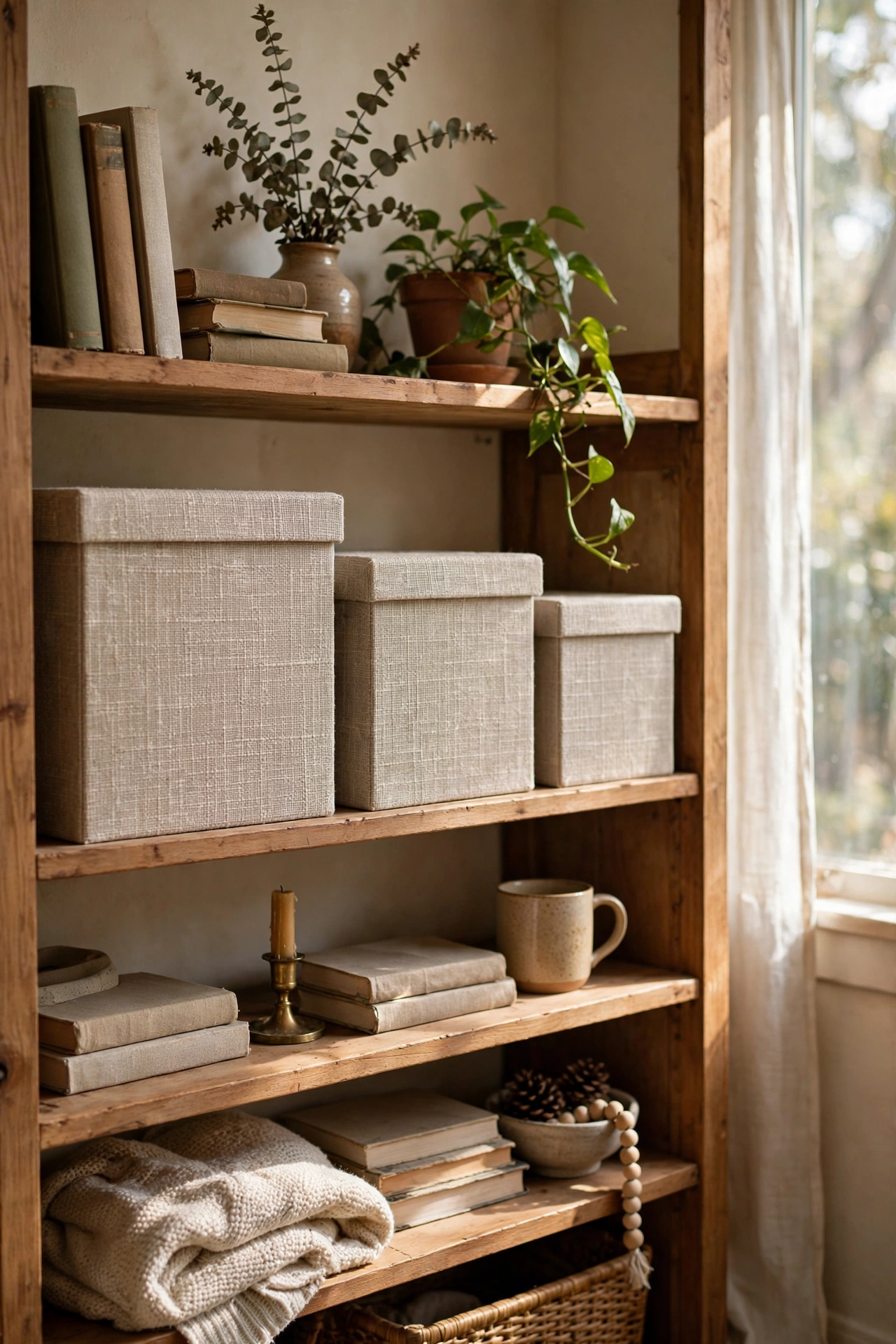 Three graduated linen-pattern storage boxes stacked on a bookshelf