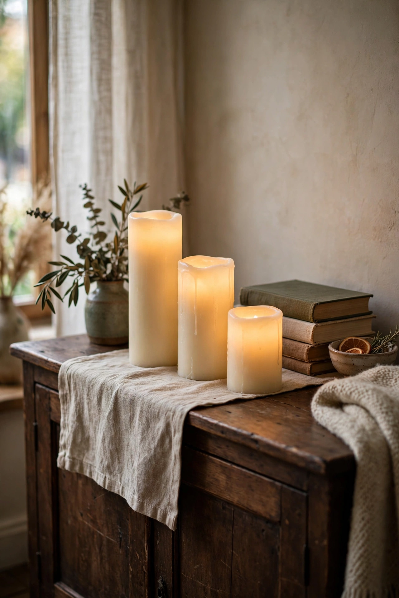 Three flameless LED pillar candles glowing on a dark wood sideboard