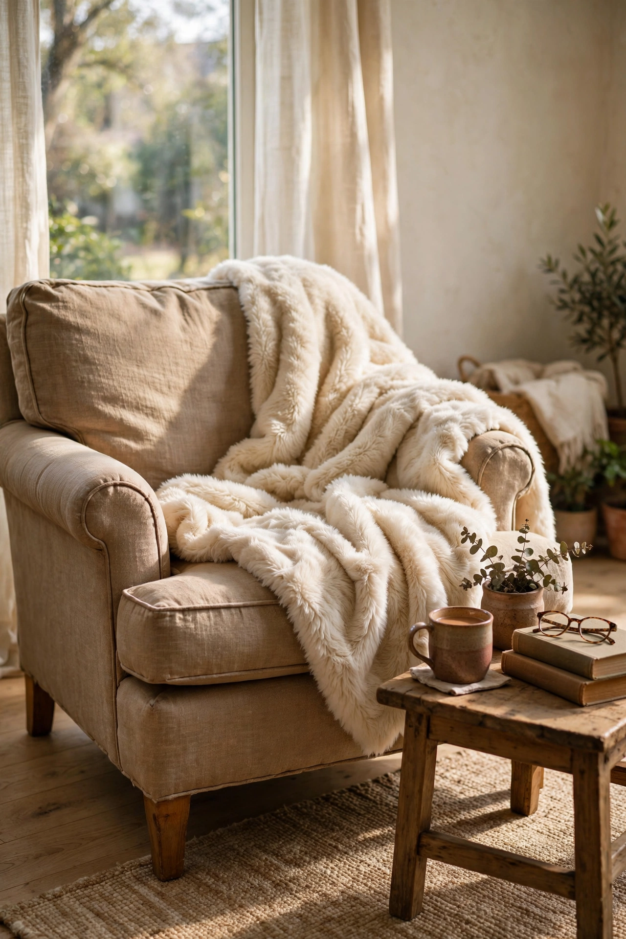 Cream faux fur throw blanket draped over a reading chair