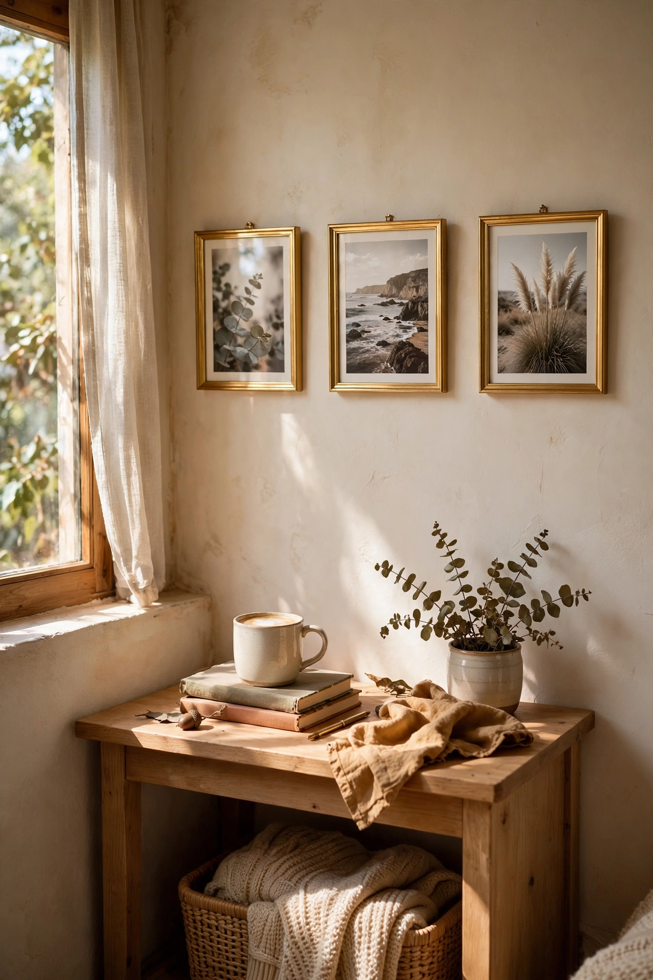 Three gold-rimmed photo frames with family photos hung in a row on a wall