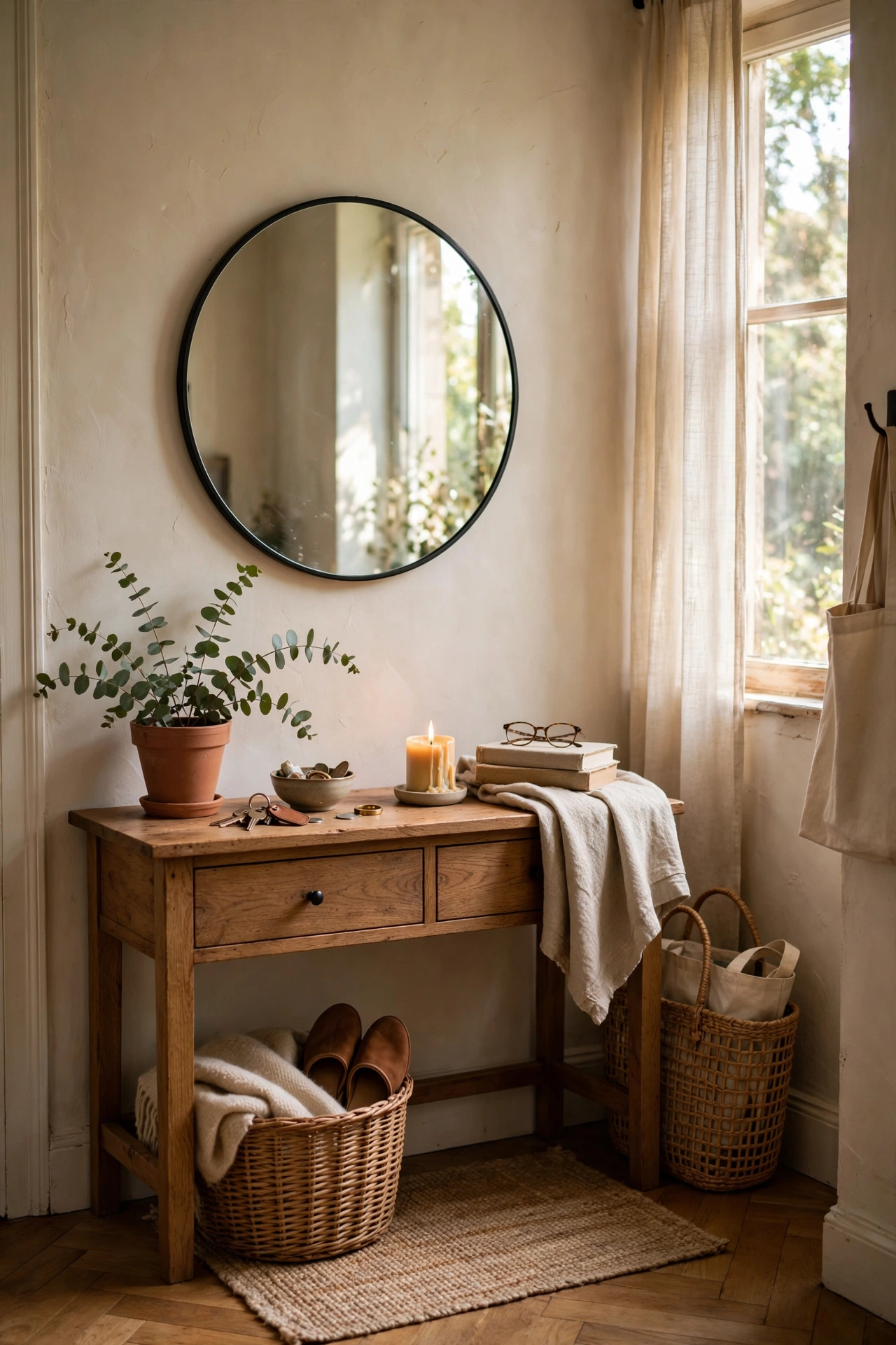 Round wall mirror with thin black frame hung above a console table
