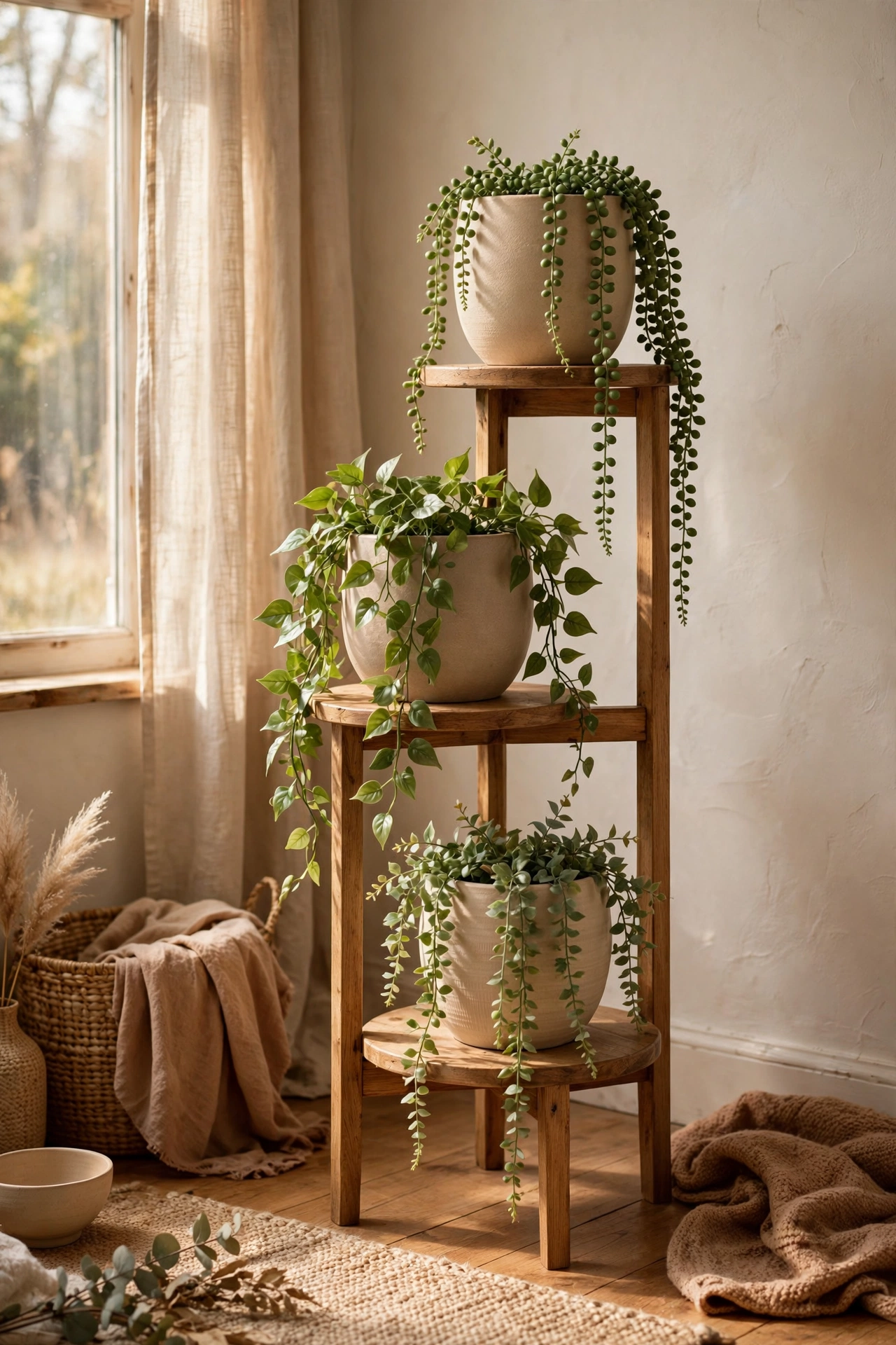 Three ceramic-look plant pots in neutral tones grouped on a plant stand