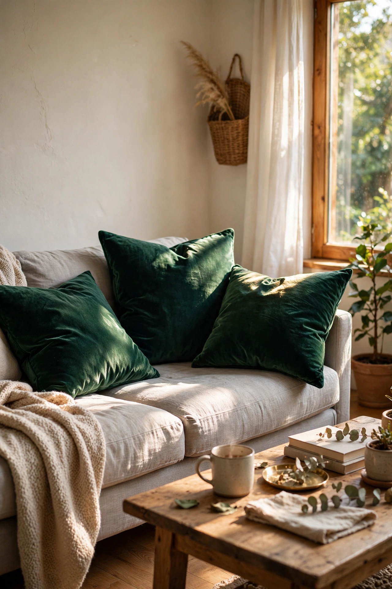 Deep emerald velvet cushion covers on a light grey sofa