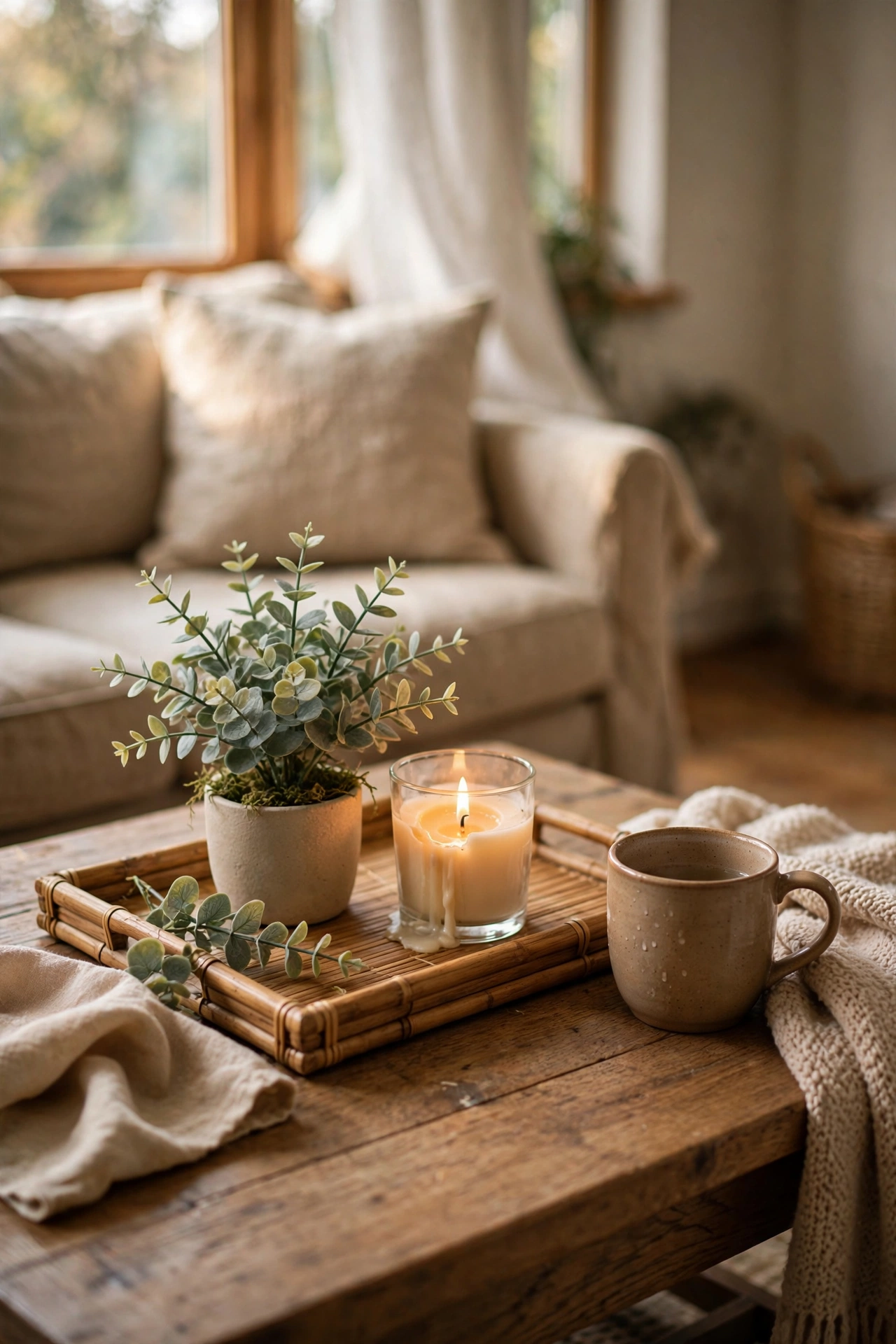 Bamboo tray with a small plant and candle styled on a coffee table