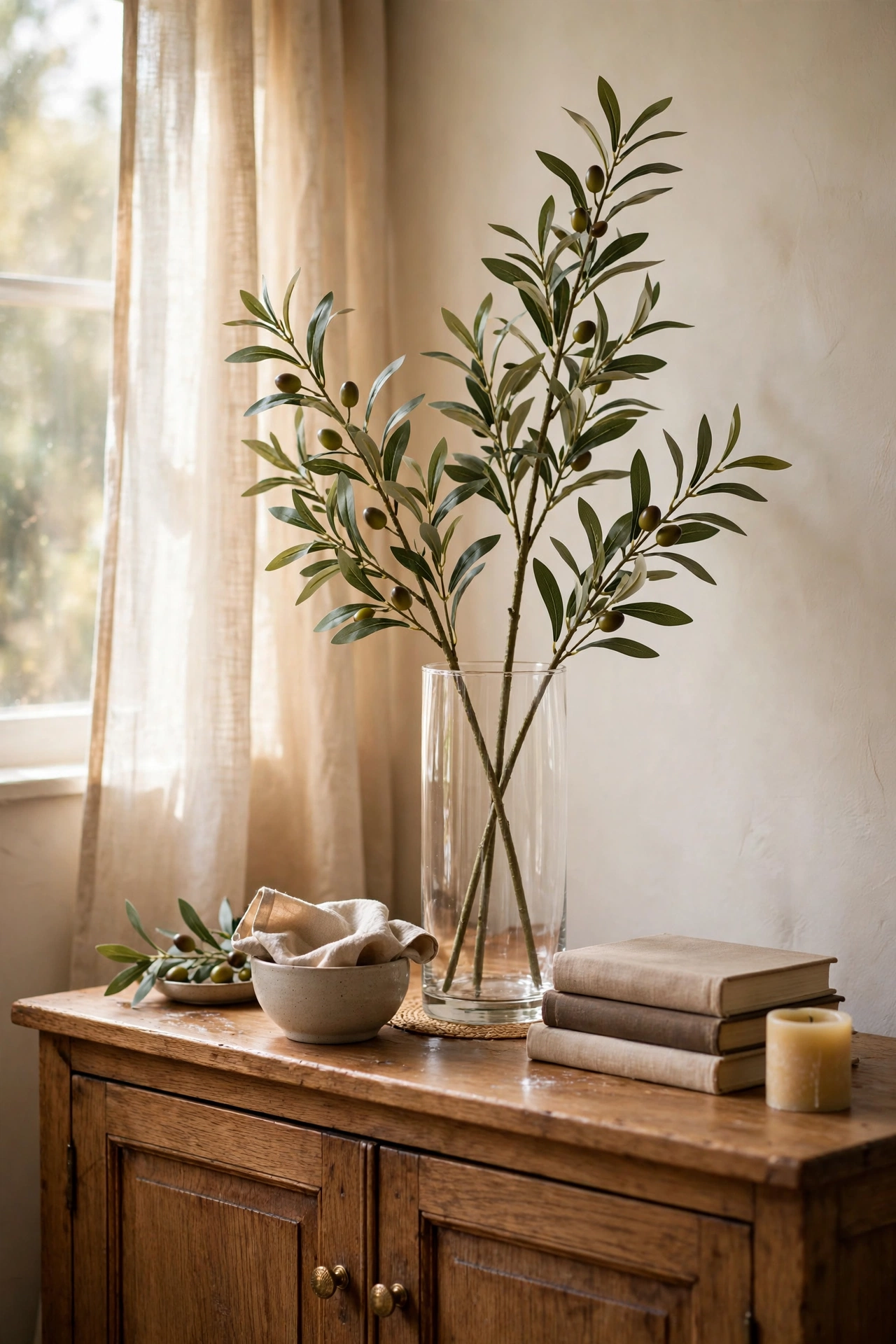 Faux olive branch stems arranged in a tall clear glass vase on a sideboard