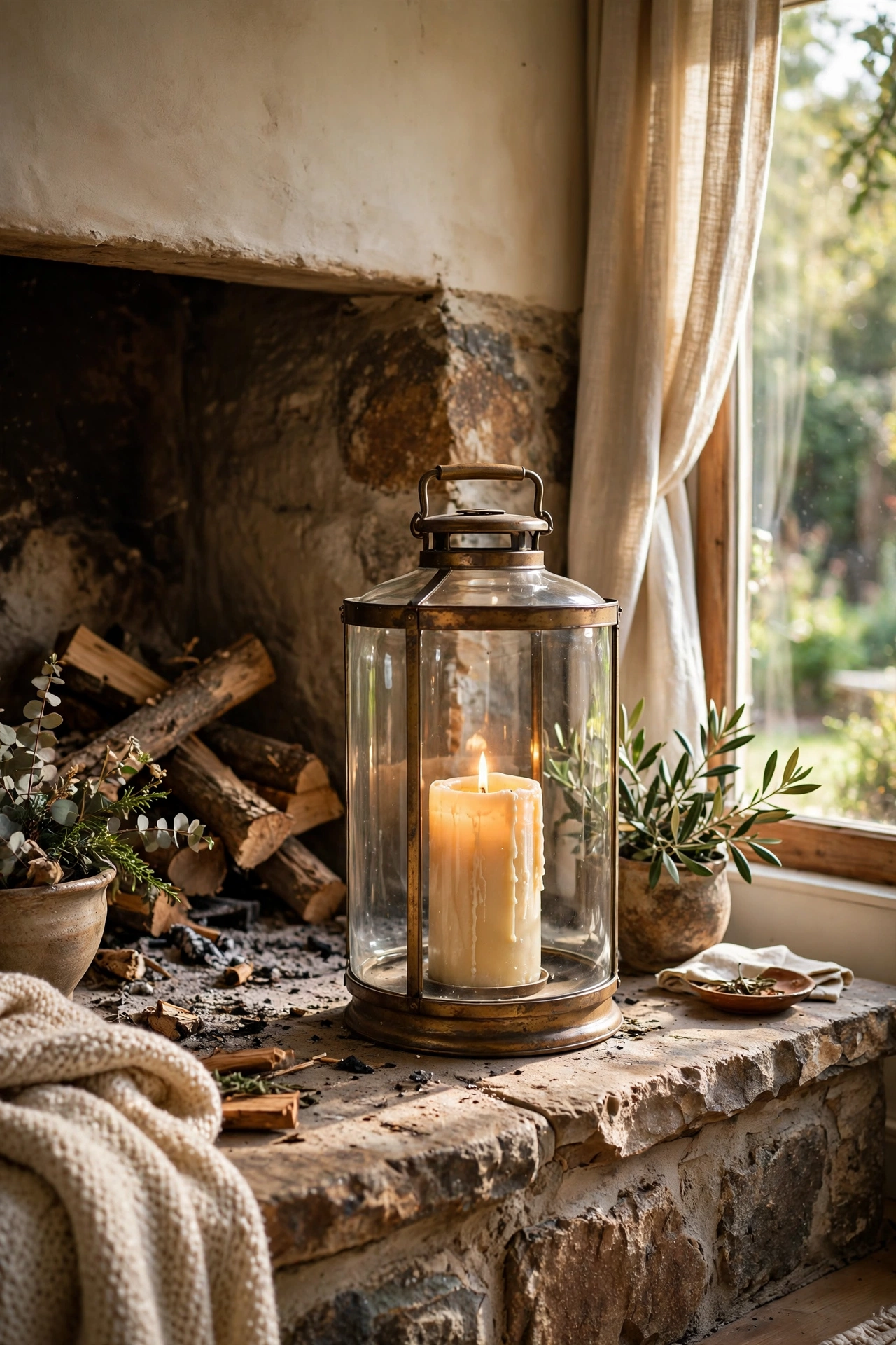Glass hurricane lantern with a pillar candle glowing on a fireplace hearth