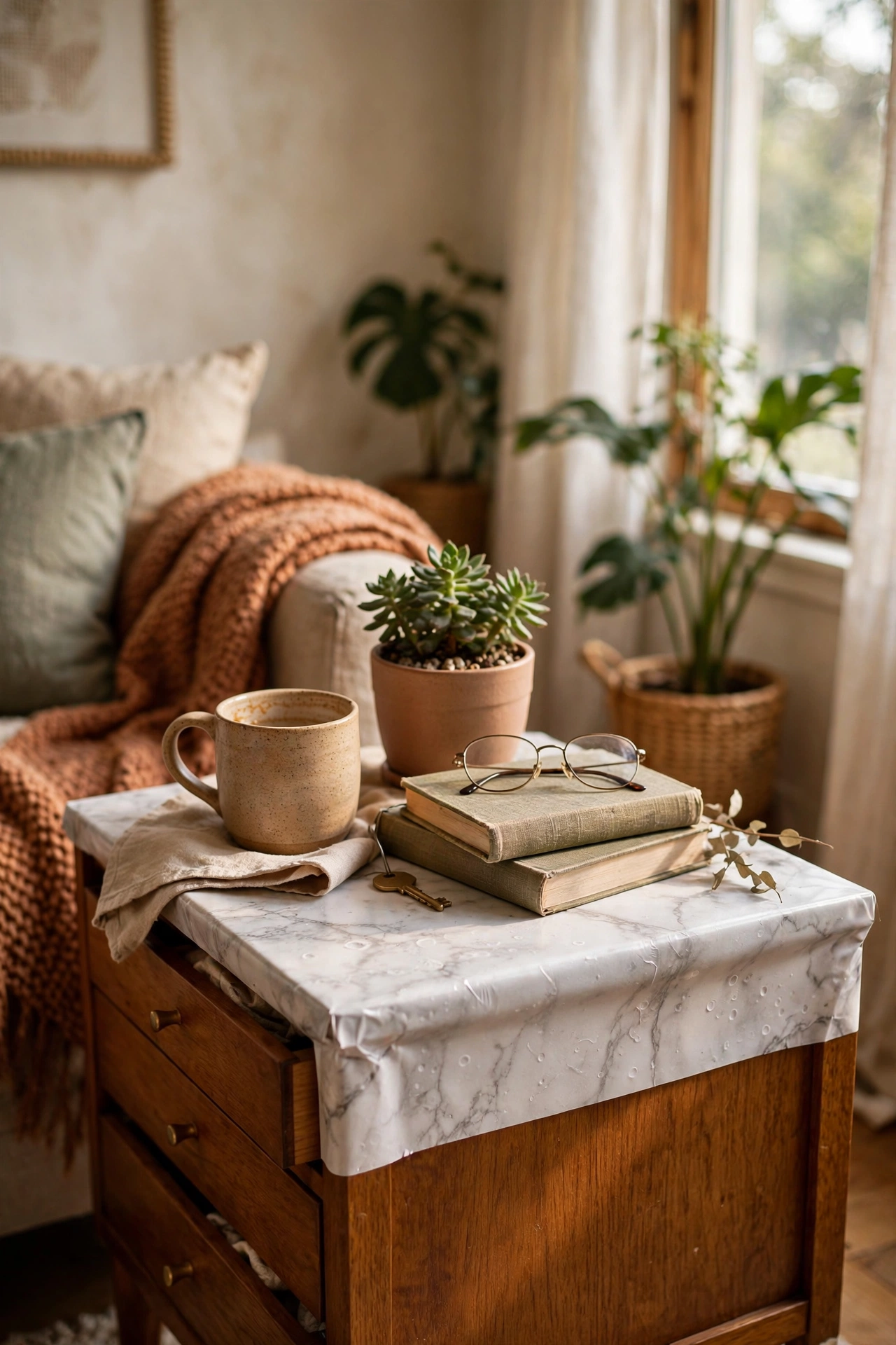 Side table top wrapped in marble-print contact paper in a living room