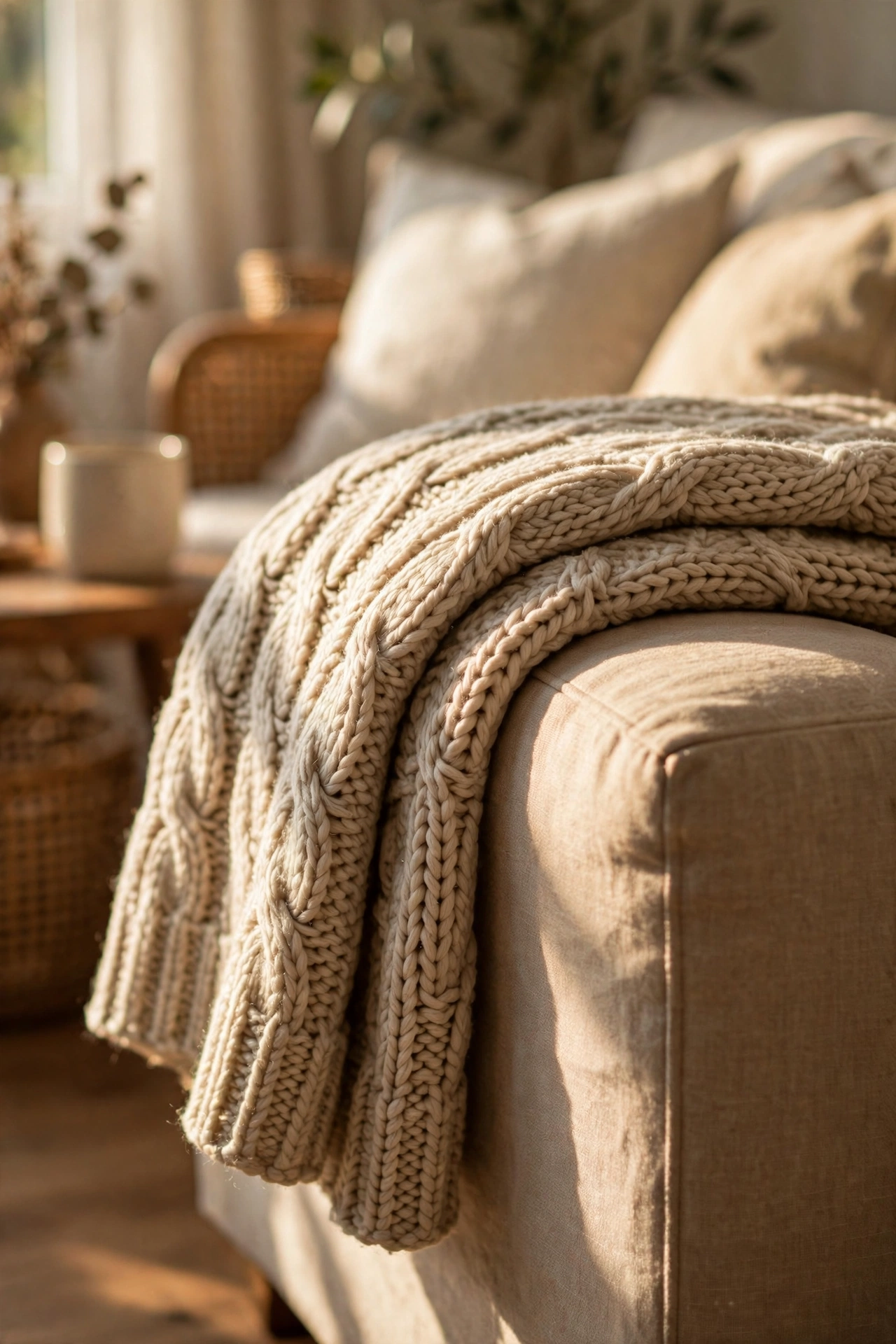 Oatmeal chunky knit throw folded over the arm of a sofa in afternoon sun
