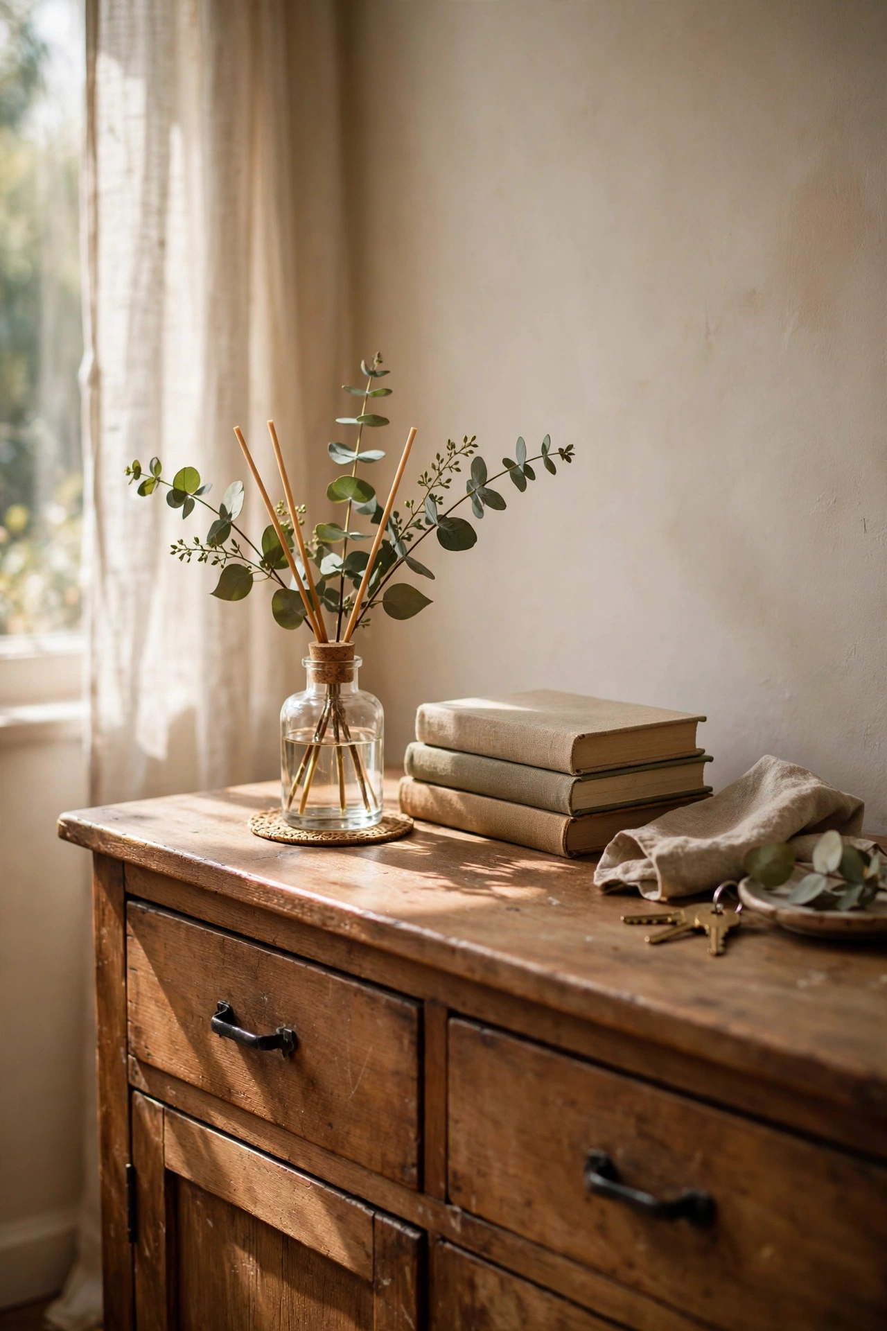 Mini eucalyptus reed diffuser on a wooden sideboard