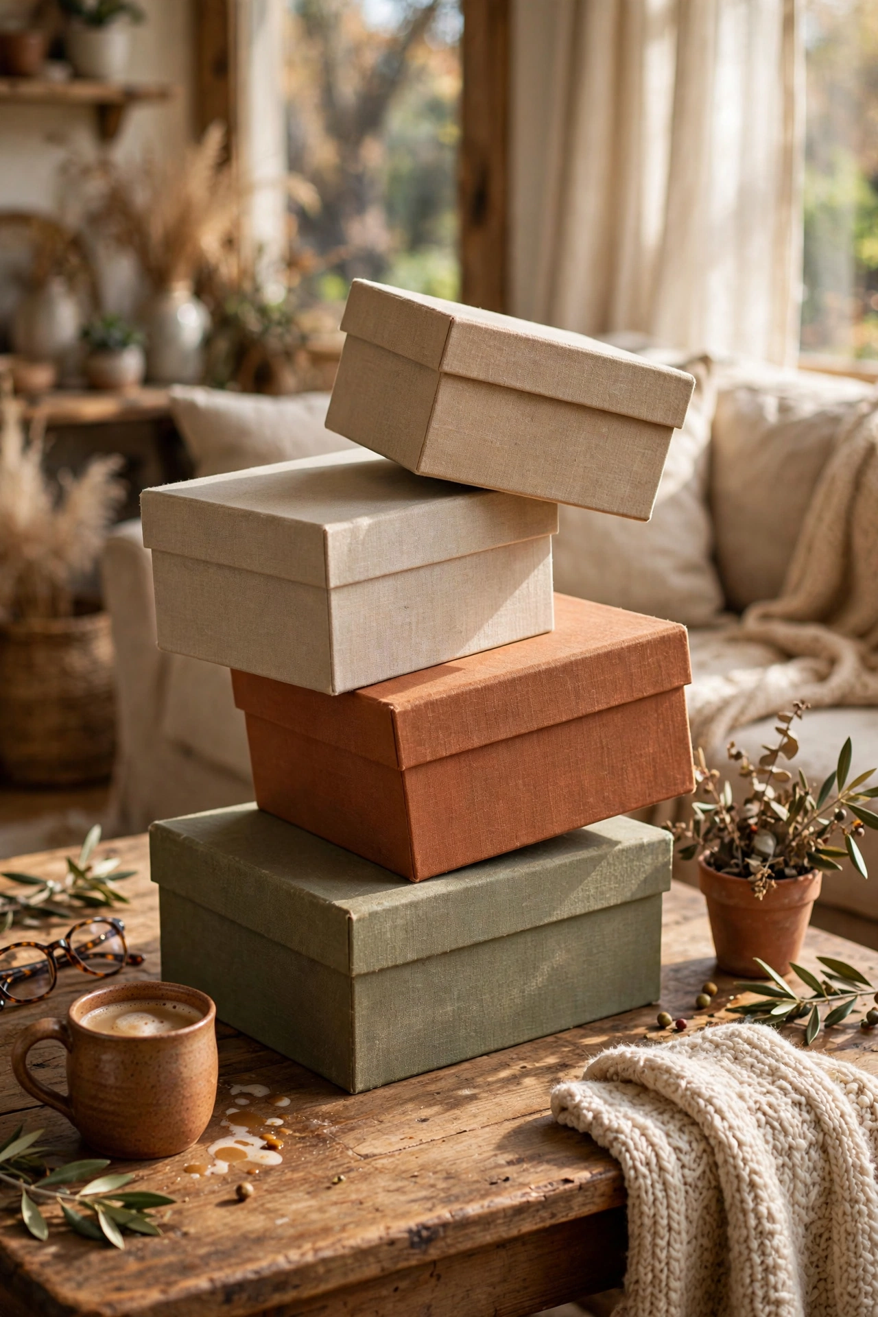 Stack of four decorative faux book boxes on a coffee table