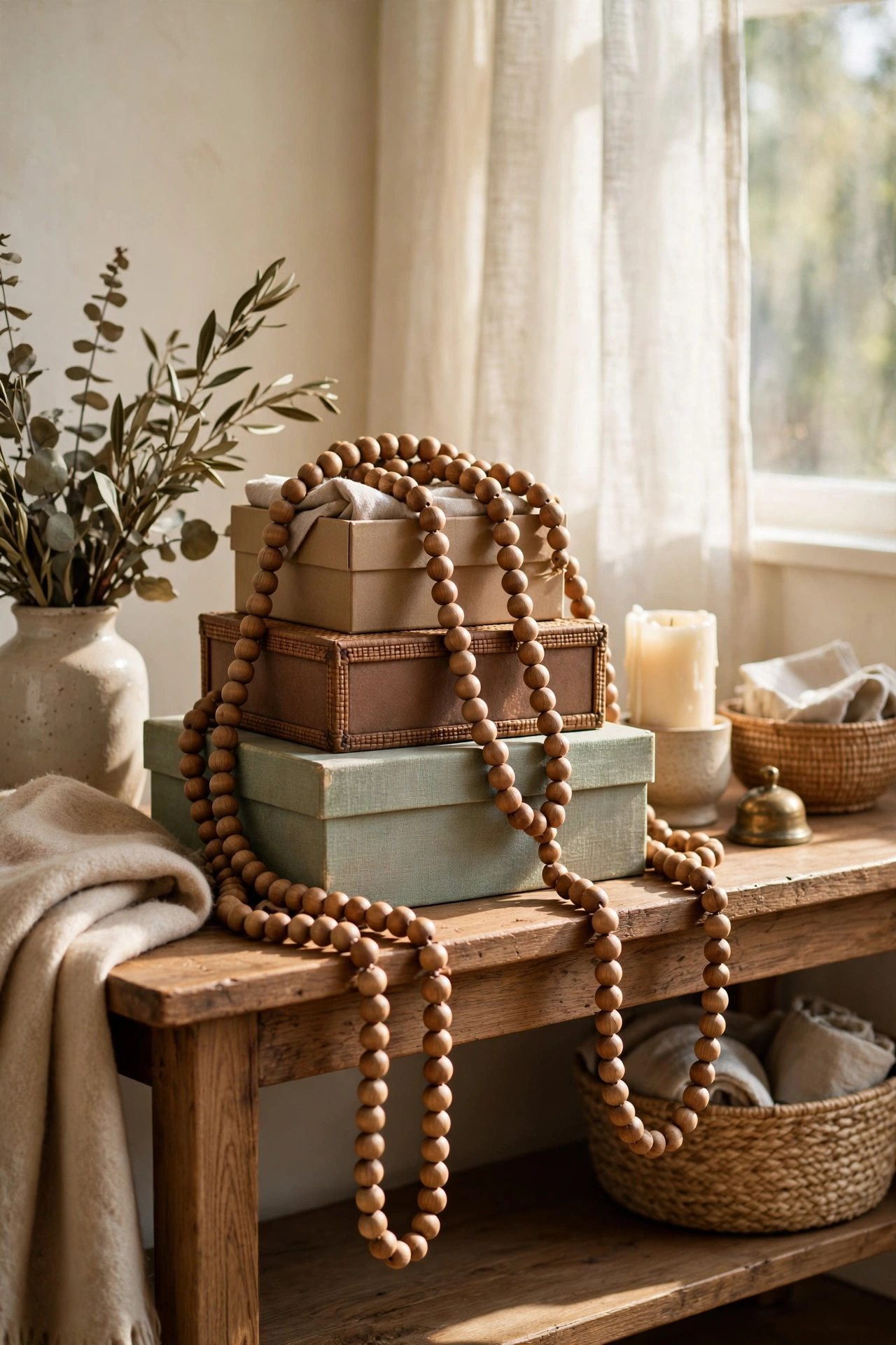Extra-long wooden bead garland draped over stacked decorative boxes on a console