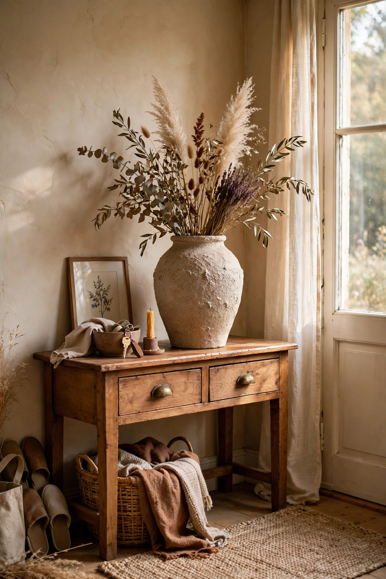 Large textured stoneware-look vase with dried stems on an entryway console