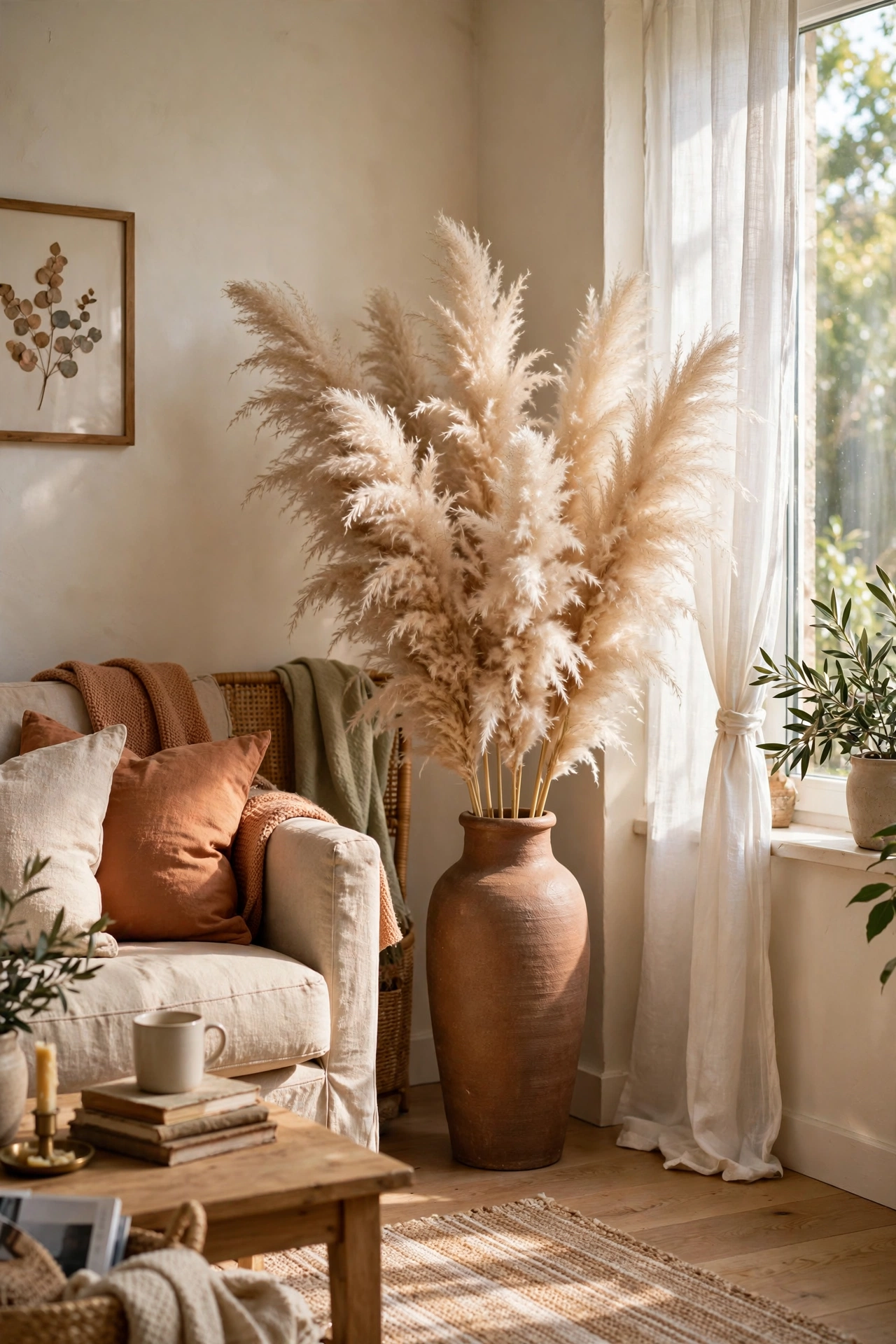 Tall floor vase with fluffed faux pampas grass in a bright living room corner