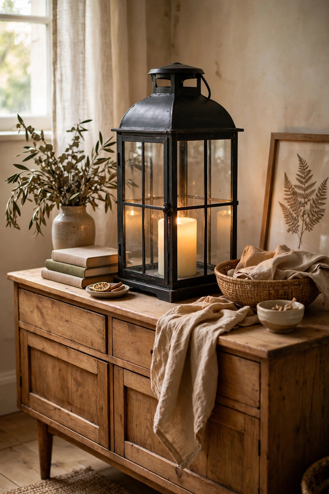 Large black metal lantern with glass panels and a flameless candle on a sideboard