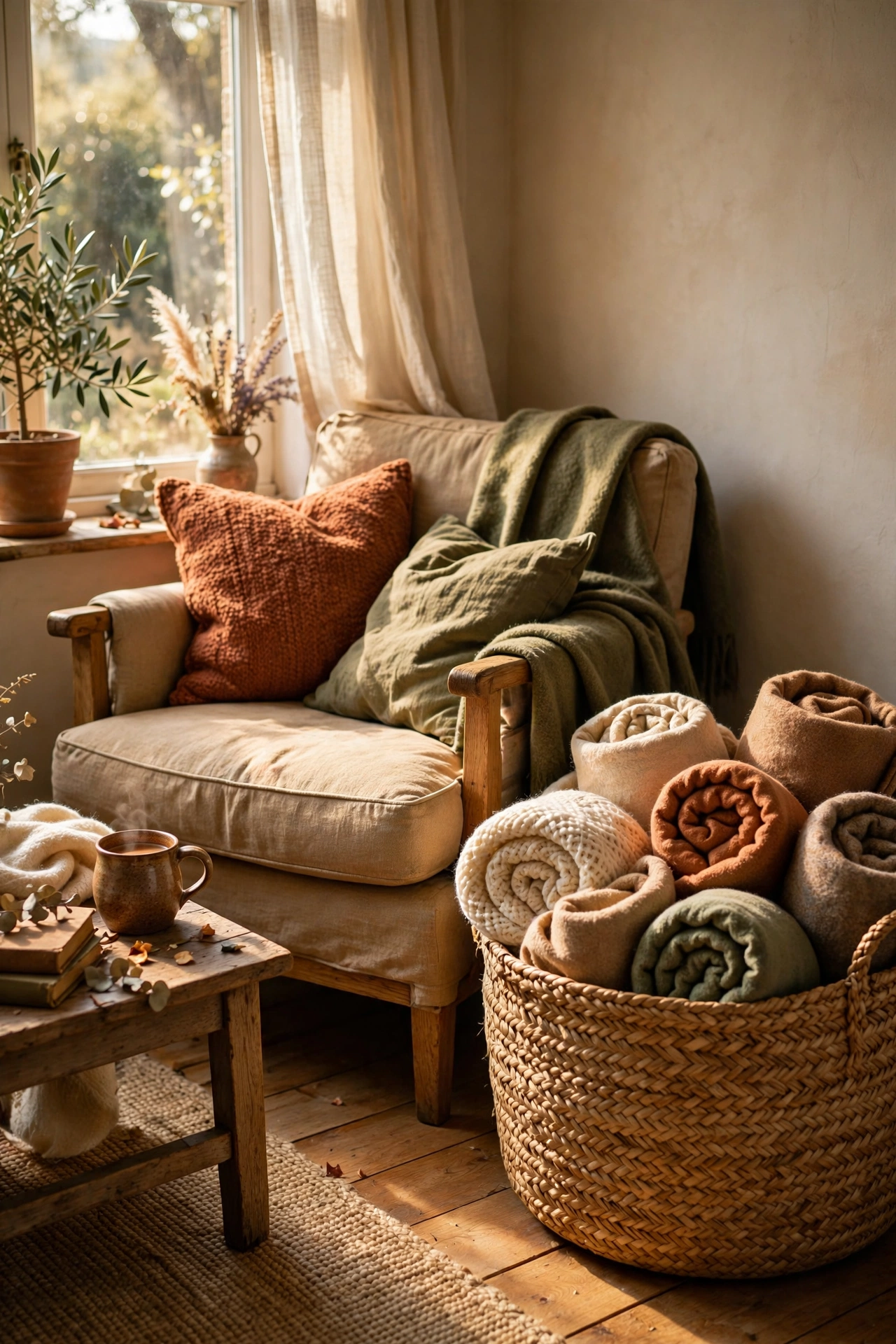 Extra-large woven floor basket filled with rolled throw blankets beside an armchair