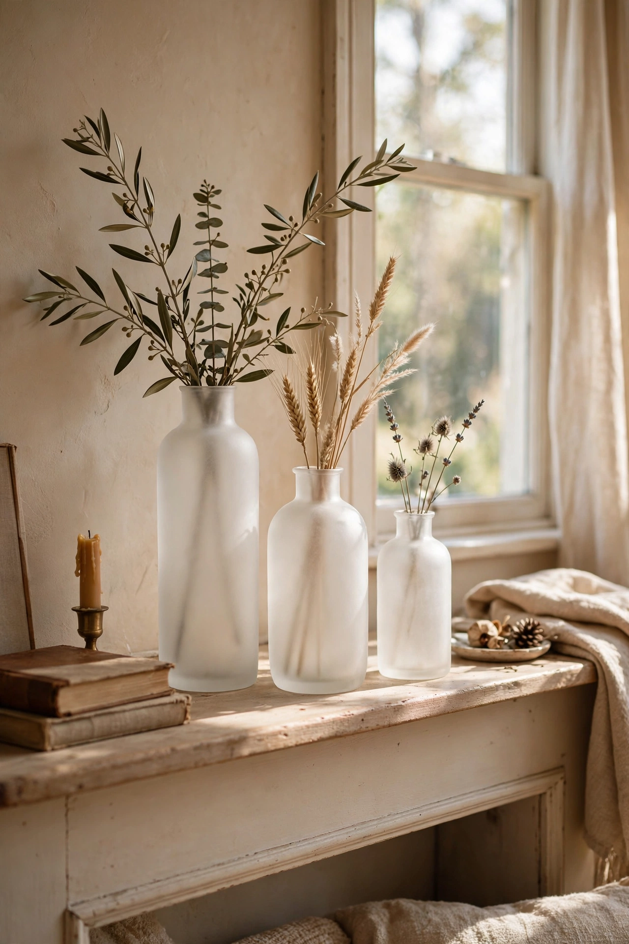 Three frosted glass vases in graduated heights grouped on a mantel