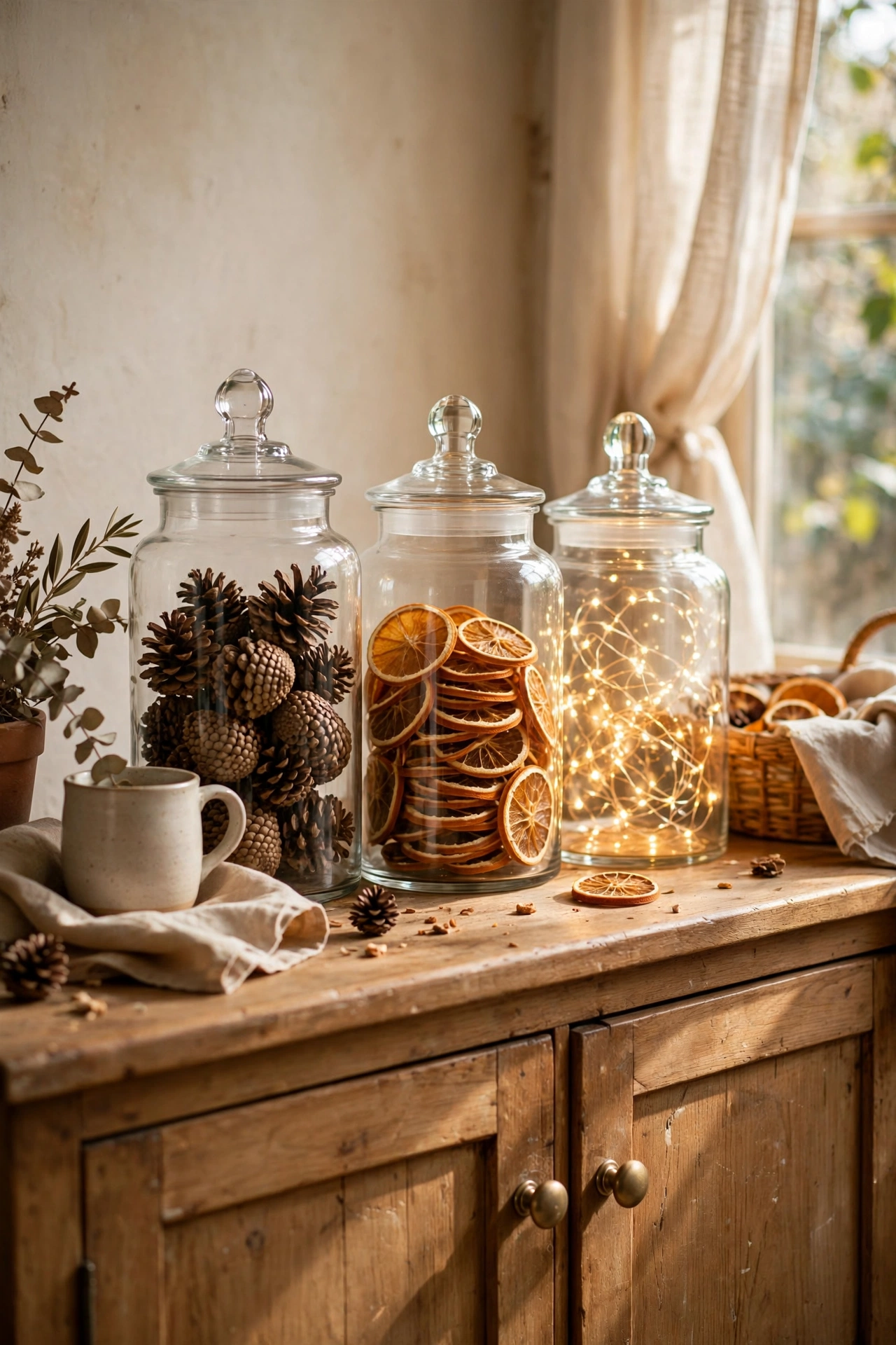 Three apothecary-style glass canisters filled with pinecones and fairy lights on a sideboard