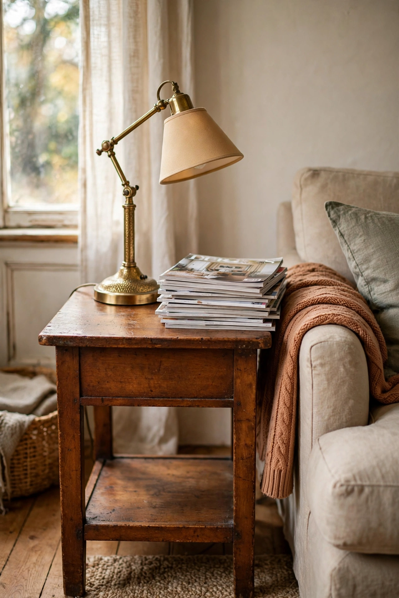 Thrifted solid wood side table with a reading lamp and magazines in a cosy living room