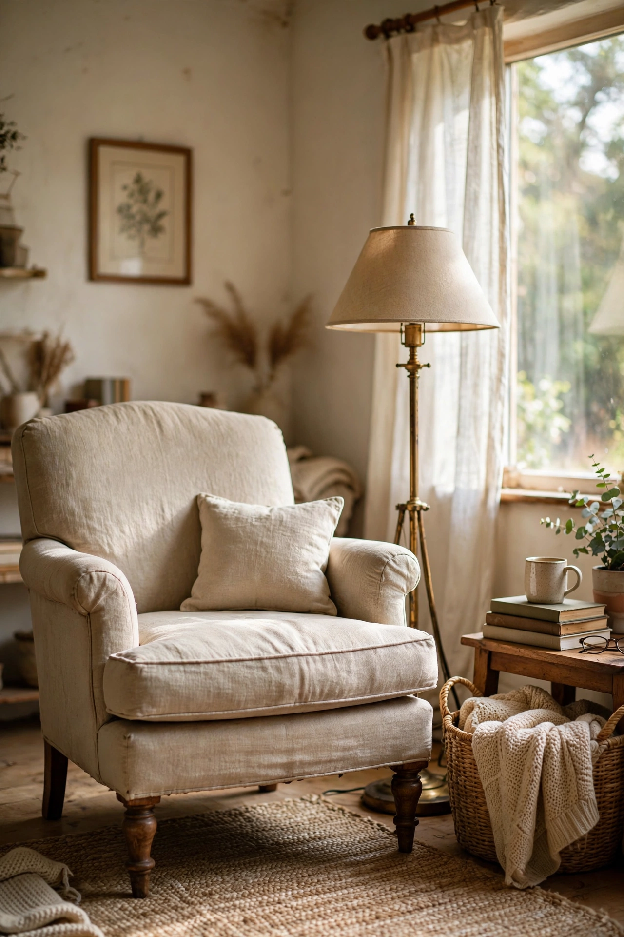 Vintage armchair reupholstered in oatmeal linen in a bright living room corner