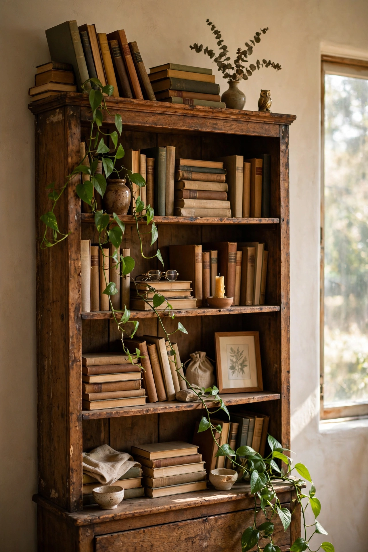 Tall thrifted oak bookshelf styled with books and a plant in a living room