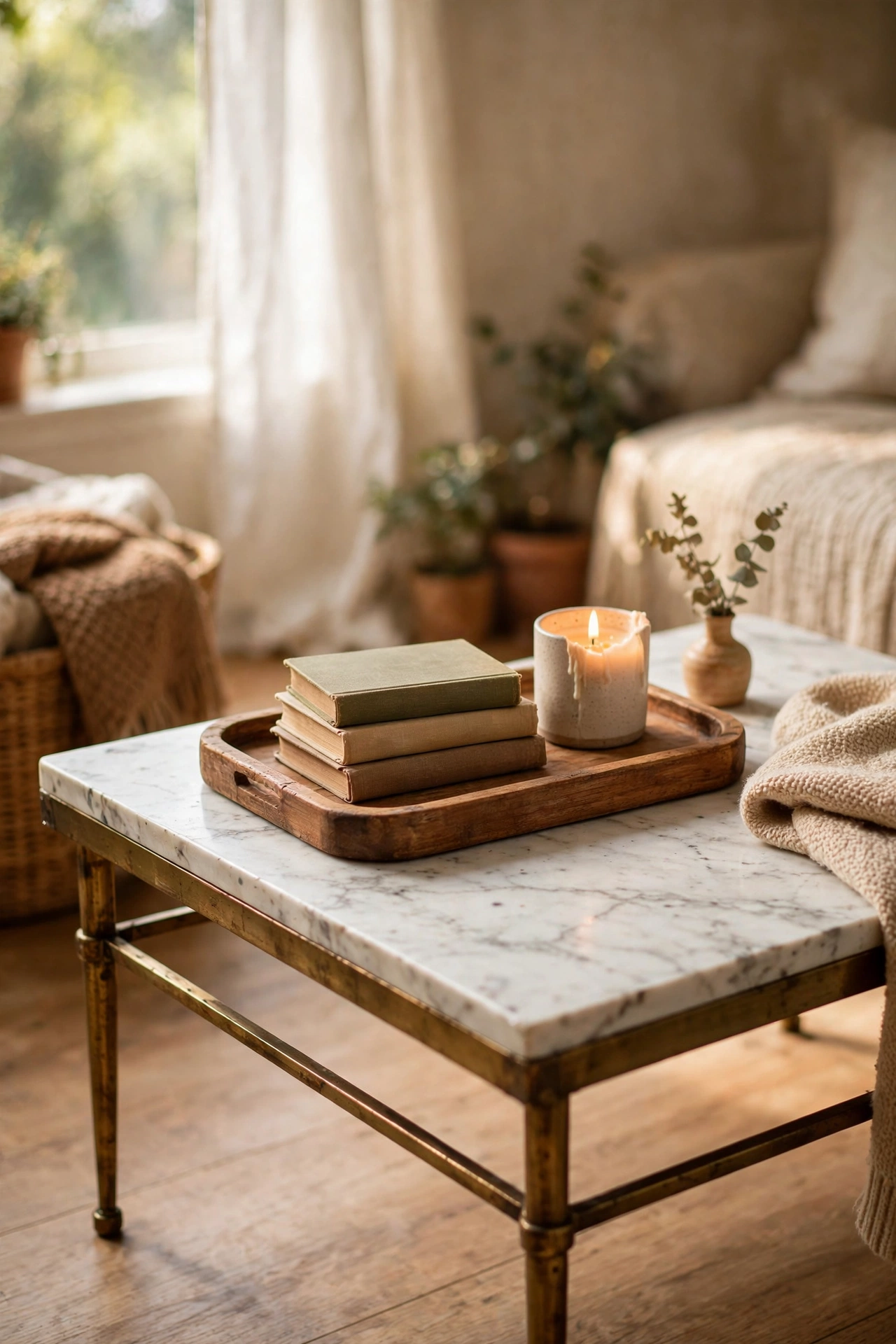 Thrifted coffee table with marble-look top styled with a tray and books