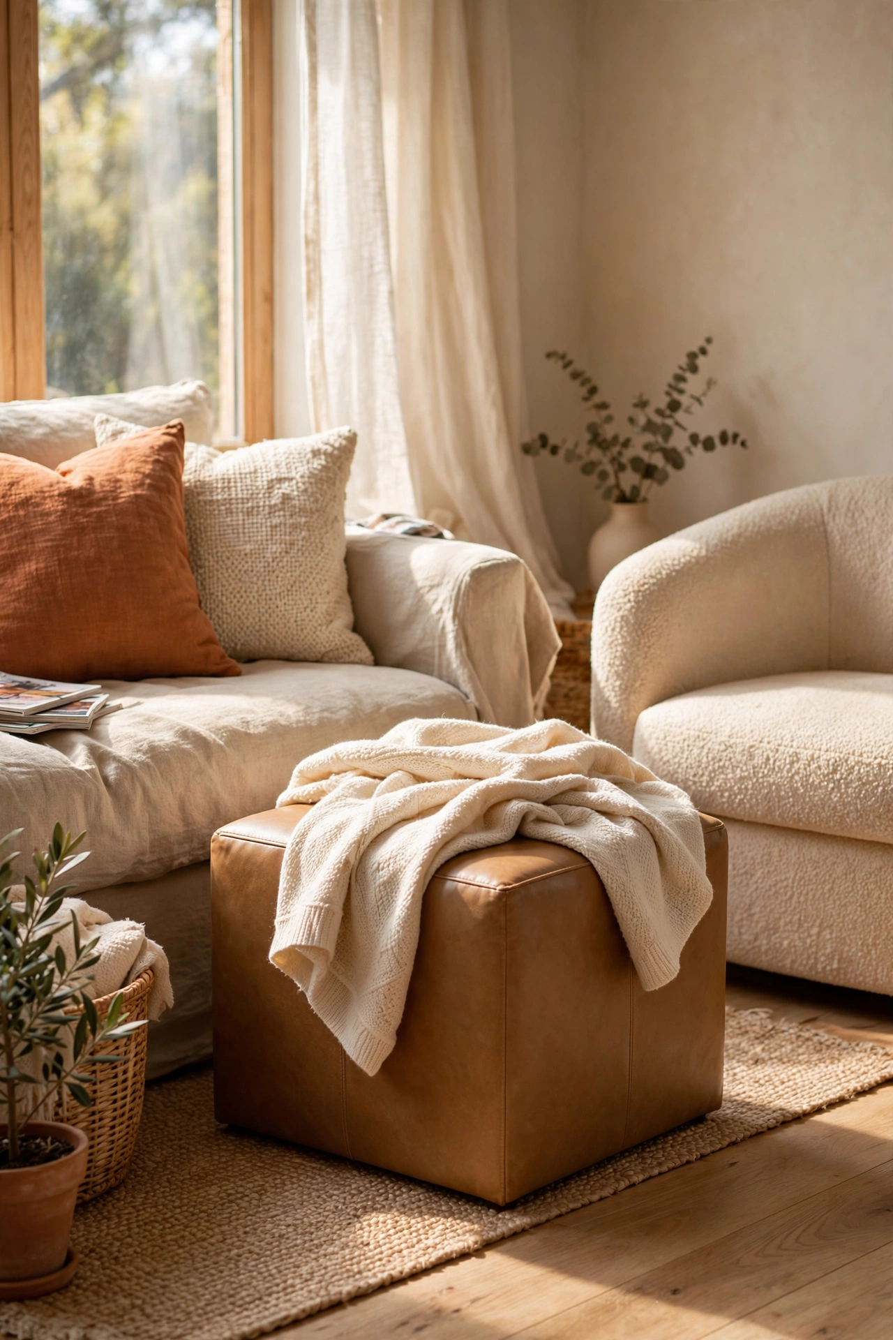 Storage ottoman with a folded throw on top in a neutral living room