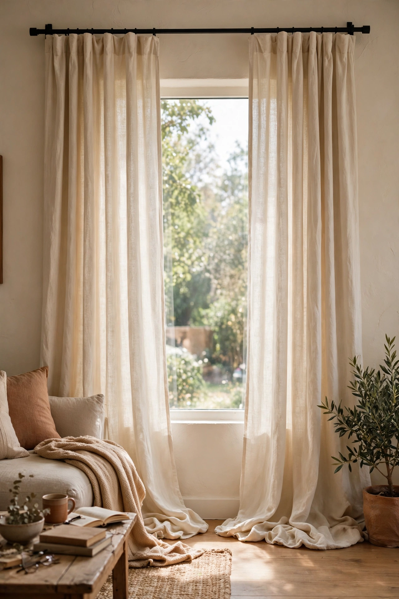 Long cream linen curtains hung high over a living room window