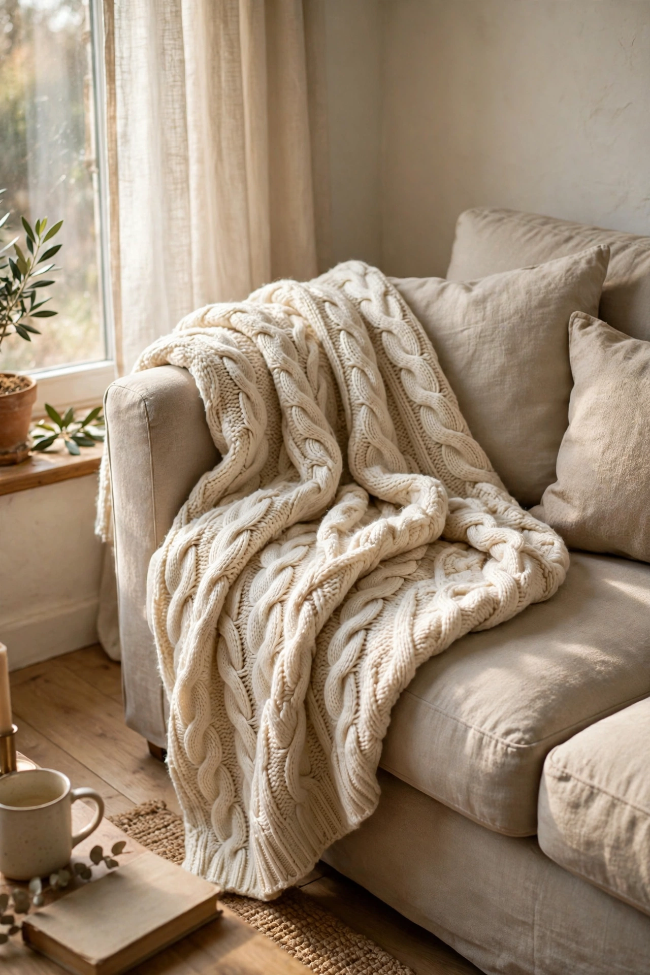 Chunky cream cable-knit wool throw draped over a sofa arm