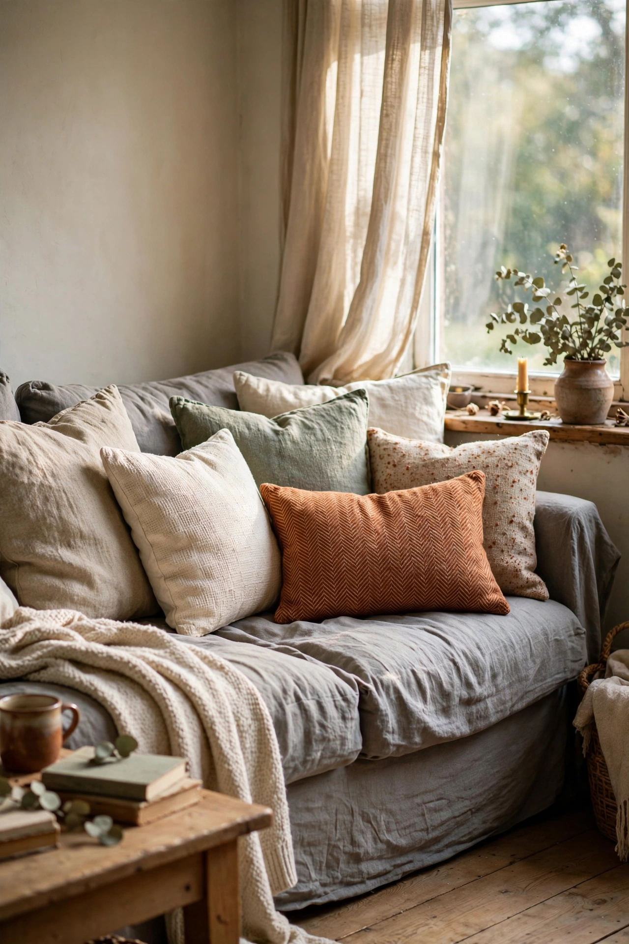Sofa styled with thrifted cushion covers in linen, cream and sage