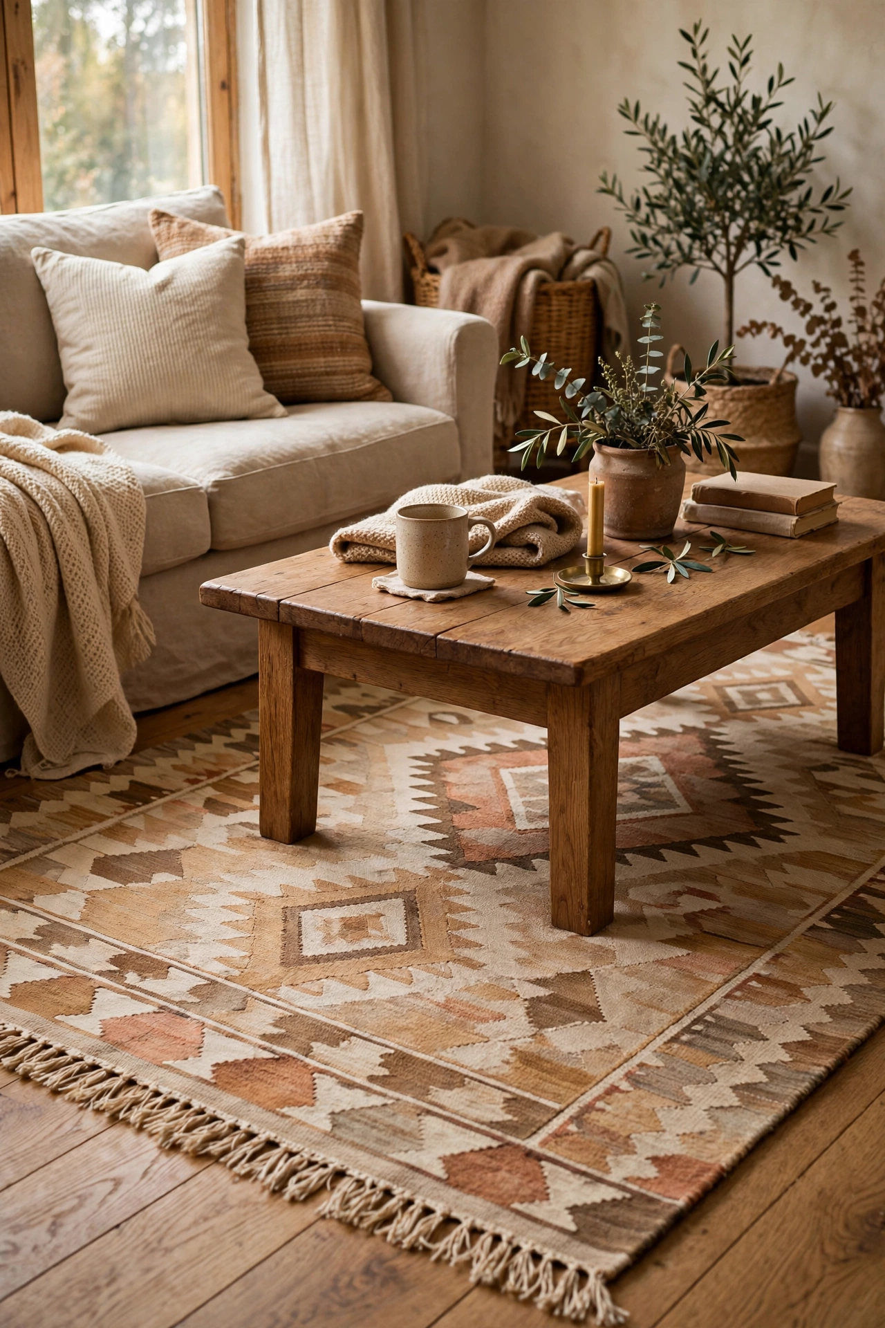 Kilim-style flatweave area rug under a coffee table in a living room
