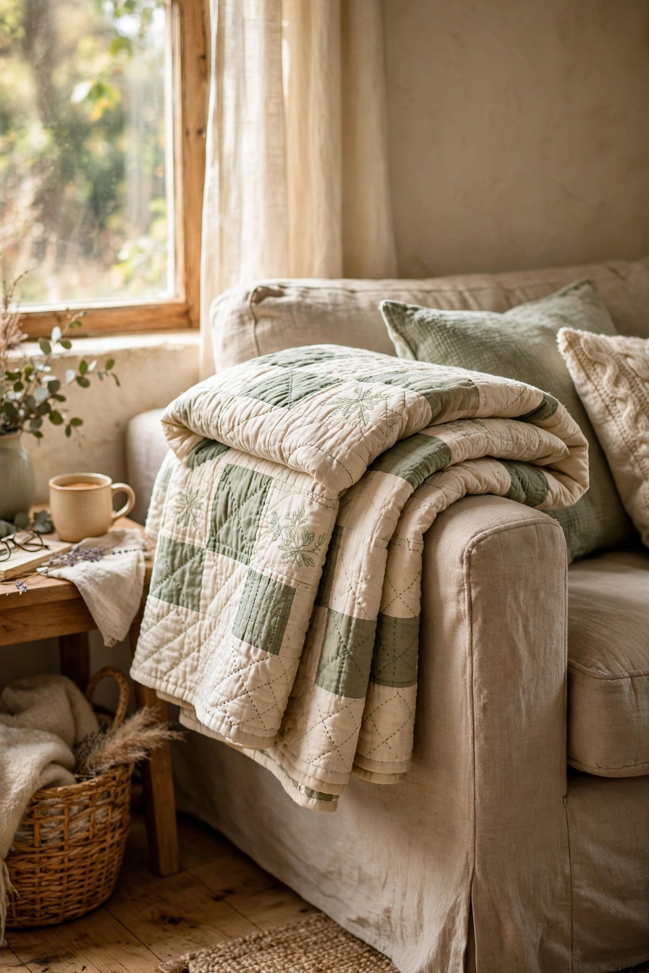 Handmade-style cream and sage quilt folded over a sofa arm