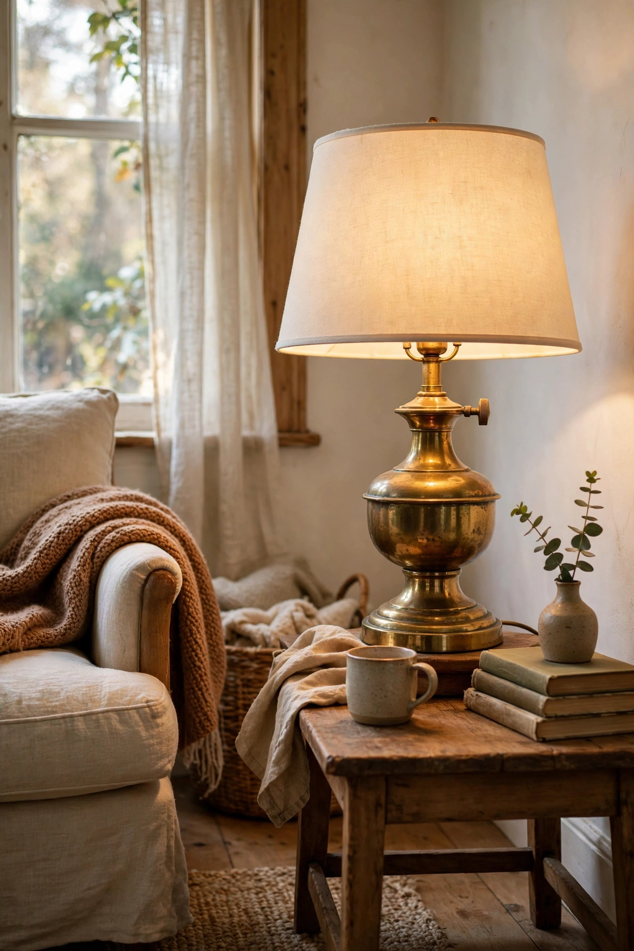 Polished brass thrifted table lamp with a cream drum shade on a side table
