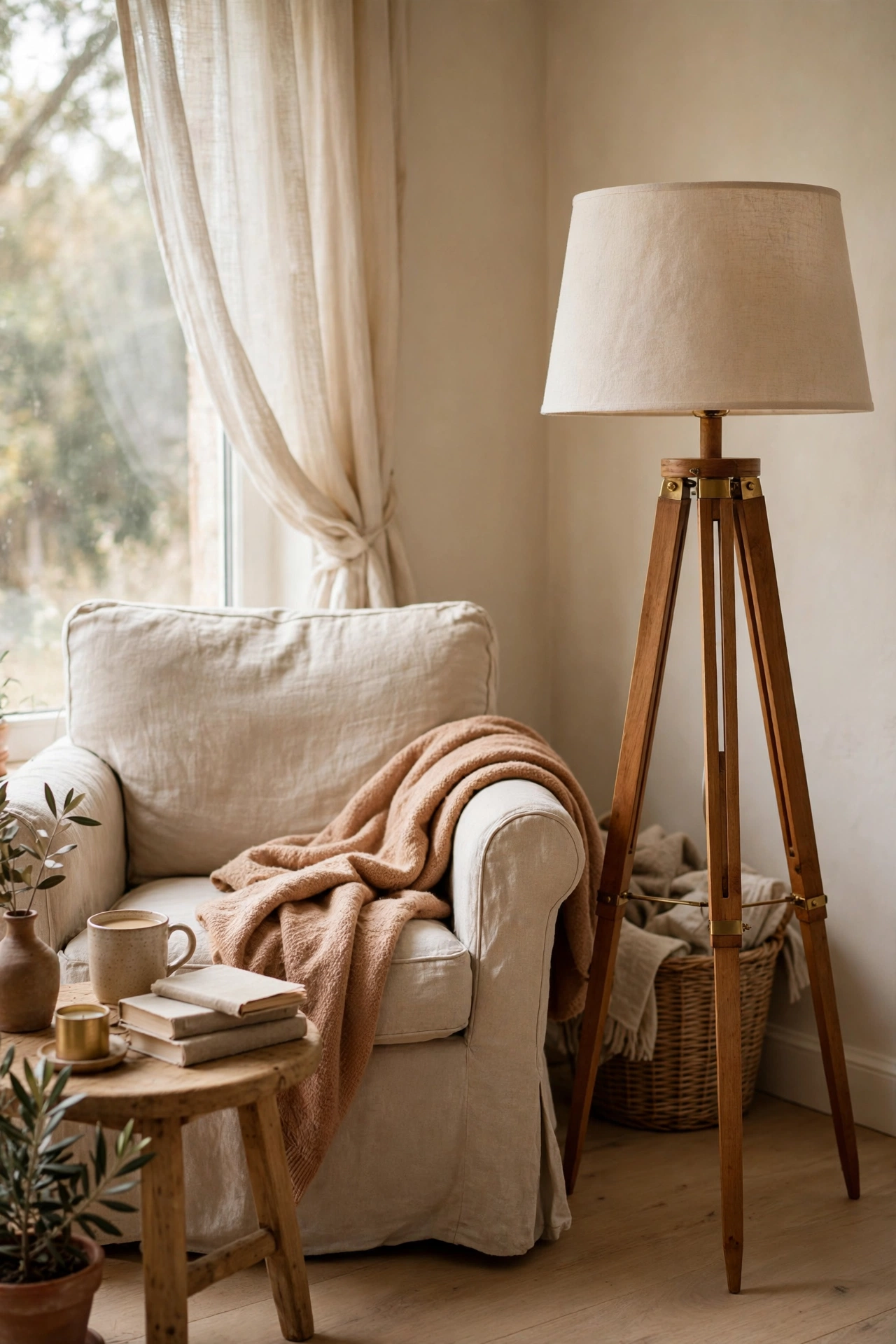 Wooden tripod floor lamp beside an armchair in a reading corner